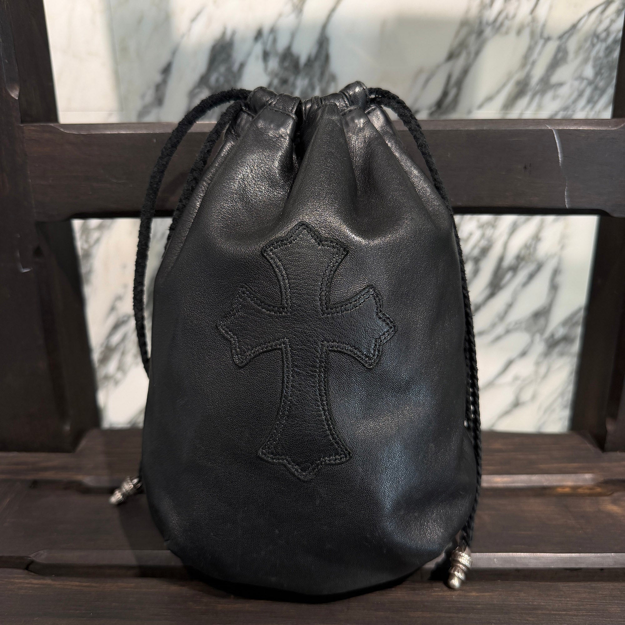 CHROME HEARTS Leather Cross Patch Drawstring Sack Leather Bag クロムハーツ レザークロスパッチ ドローストリング サックレザーバッグ 巾着