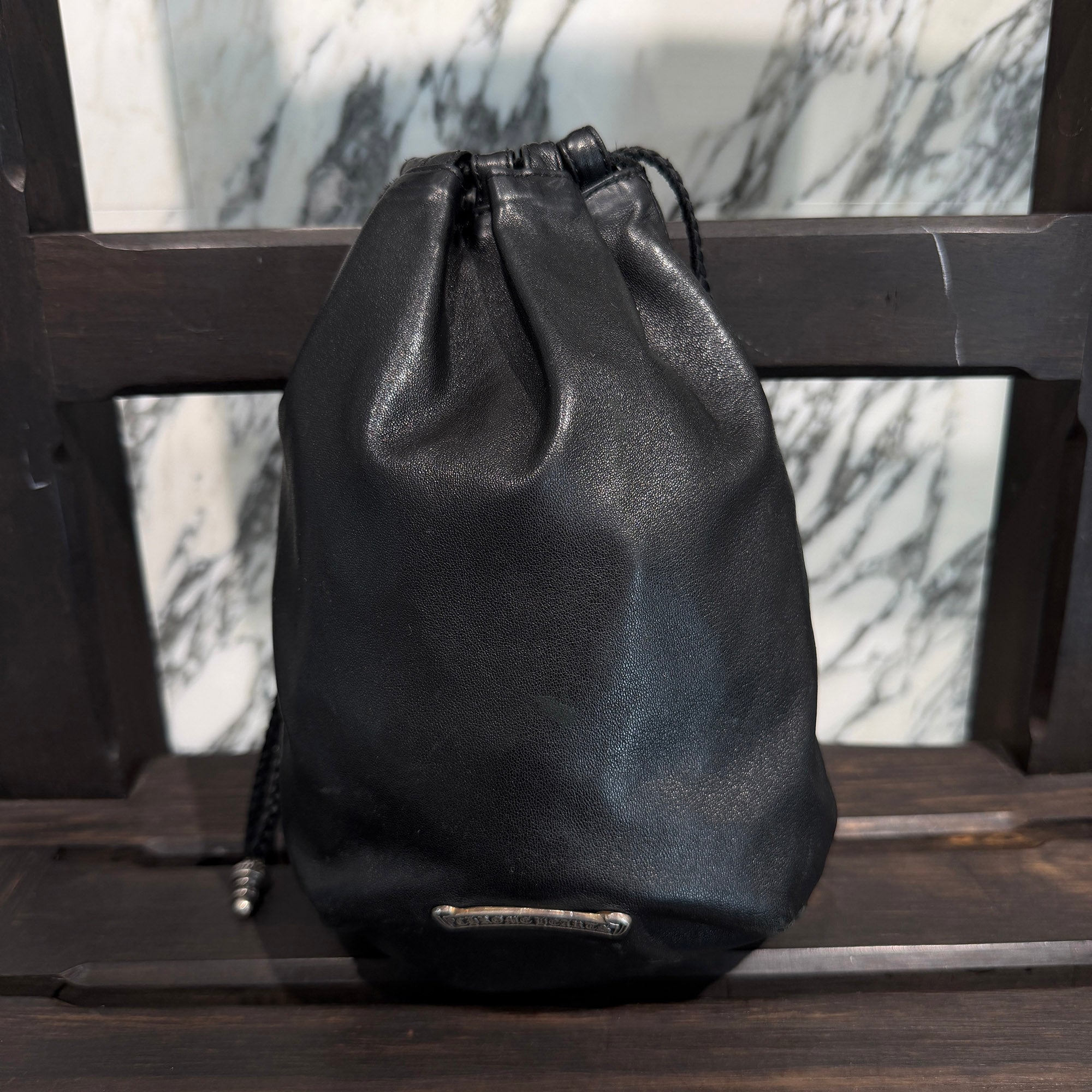 CHROME HEARTS Leather Cross Patch Drawstring Sack Leather Bag クロムハーツ レザークロスパッチ ドローストリング サックレザーバッグ 巾着