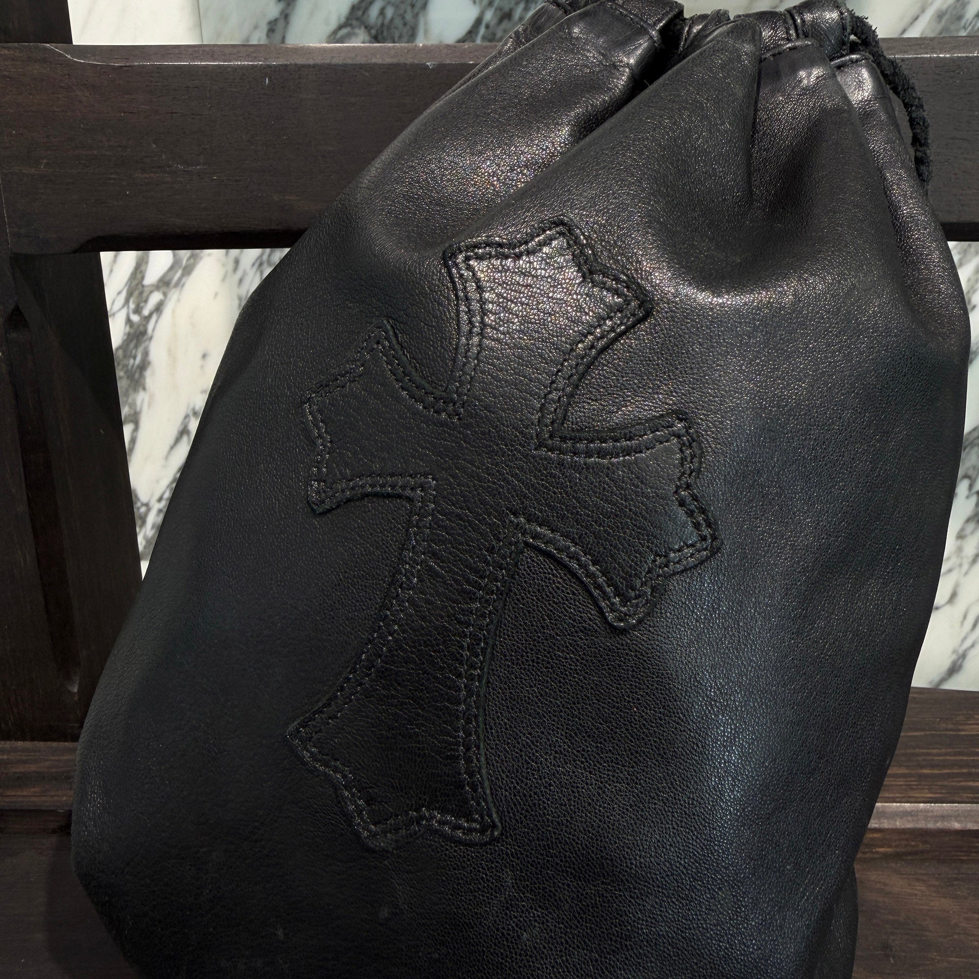 CHROME HEARTS Leather Cross Patch Drawstring Sack Leather Bag クロムハーツ レザークロスパッチ ドローストリング サックレザーバッグ 巾着