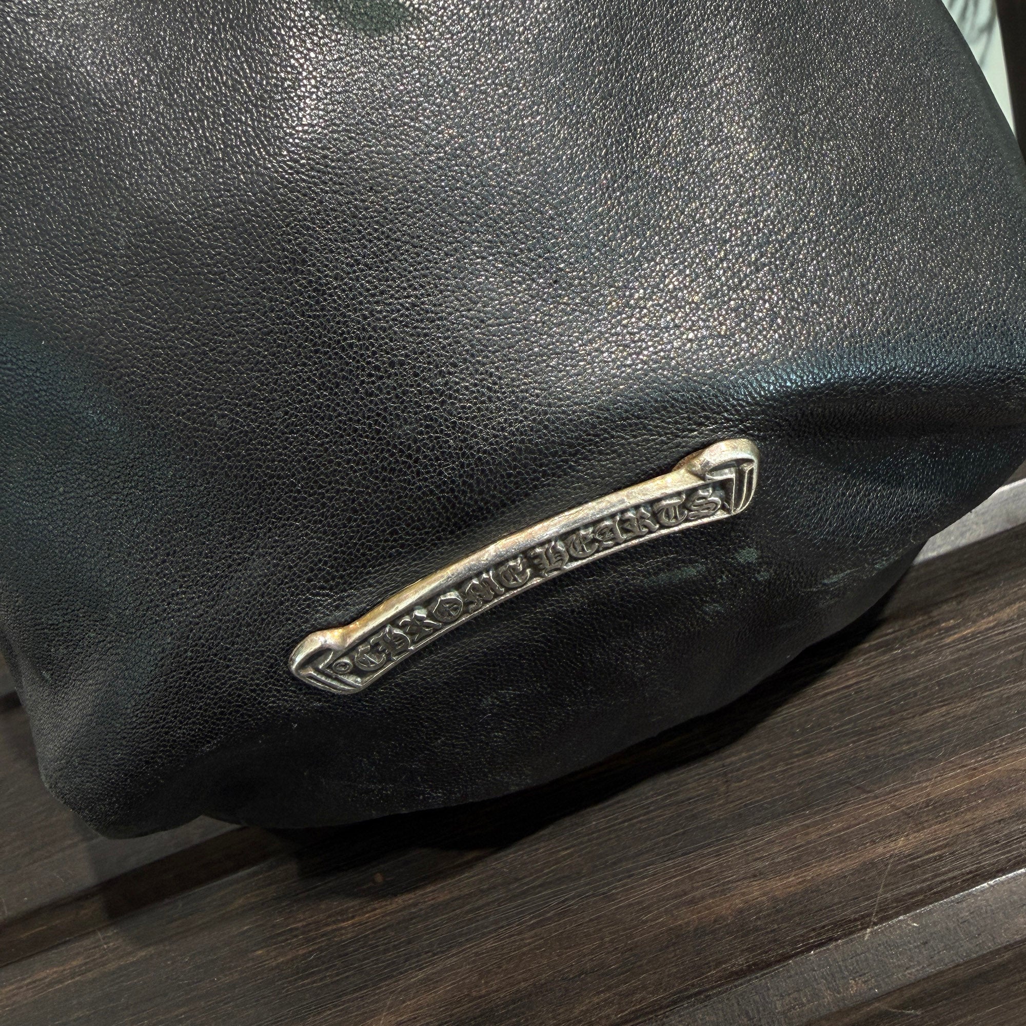 CHROME HEARTS Leather Cross Patch Drawstring Sack Leather Bag クロムハーツ レザークロスパッチ ドローストリング サックレザーバッグ 巾着