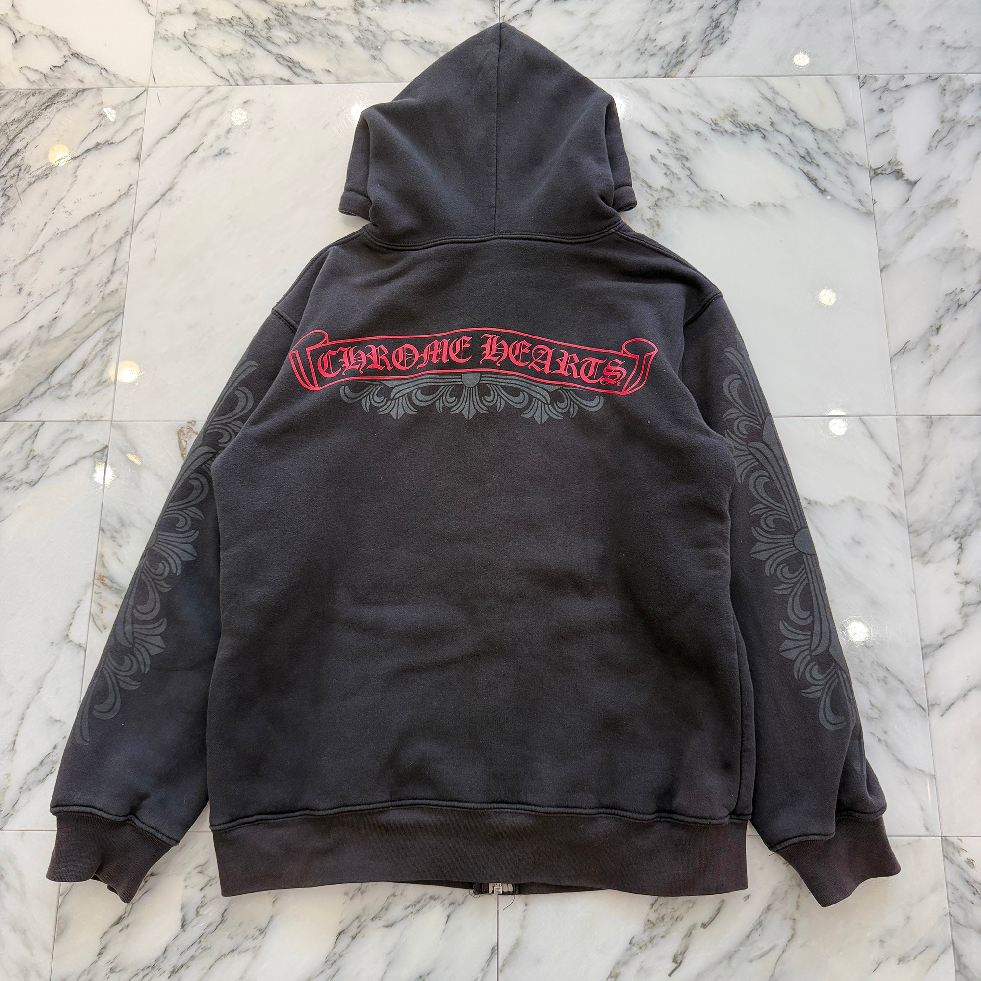 CHROME HEARTS Back Floral Cross Scroll Zip Up Hoodie Size M クロムハーツ バックフローラルクロス スクロール ジップアップ フーディ サイズM