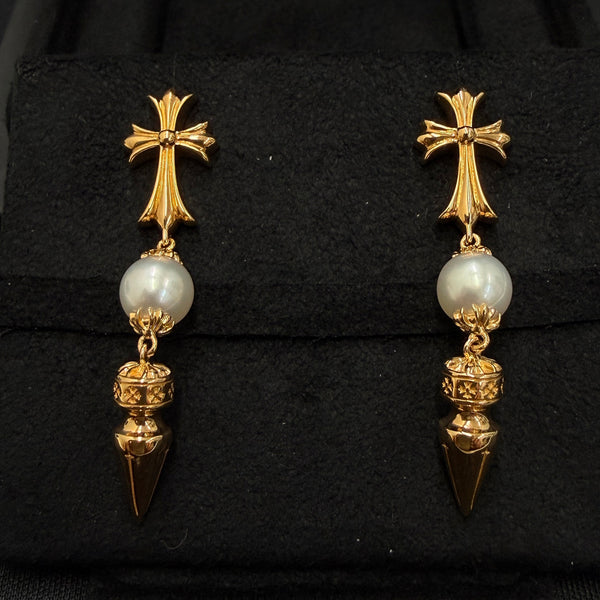 CHROME HEARTS × MIKIMOTO K22 CH Cross Spike Pearl Drop Earrings クロムハーツ × ミキモト K22 CHクロス スパイク パール ドロップ ピアス