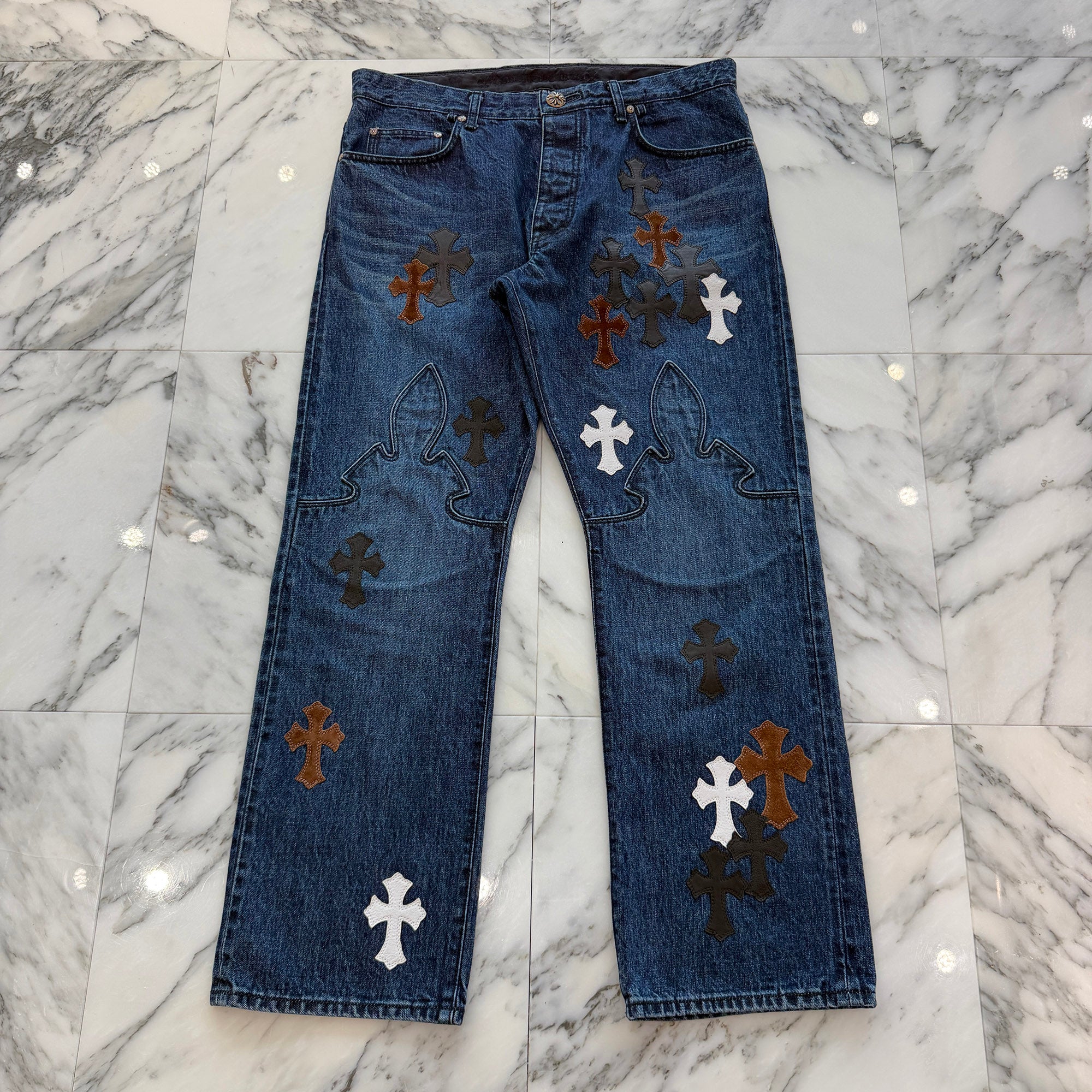 CHROME HEARTS Multi Leather Cross Patch Cross Ball Button Flare