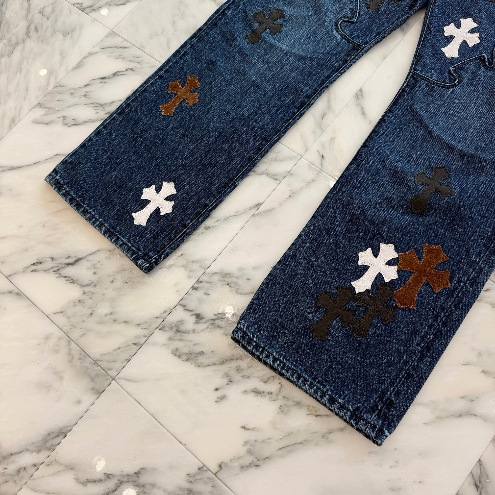 CHROME HEARTS Multi Leather Cross Patch Cross Ball Button Flare Knee Denim Pants Size 36 クロムハーツ マルチレザークロスパッチ クロスボールボタン フレアニー デニムパンツ サイズ36