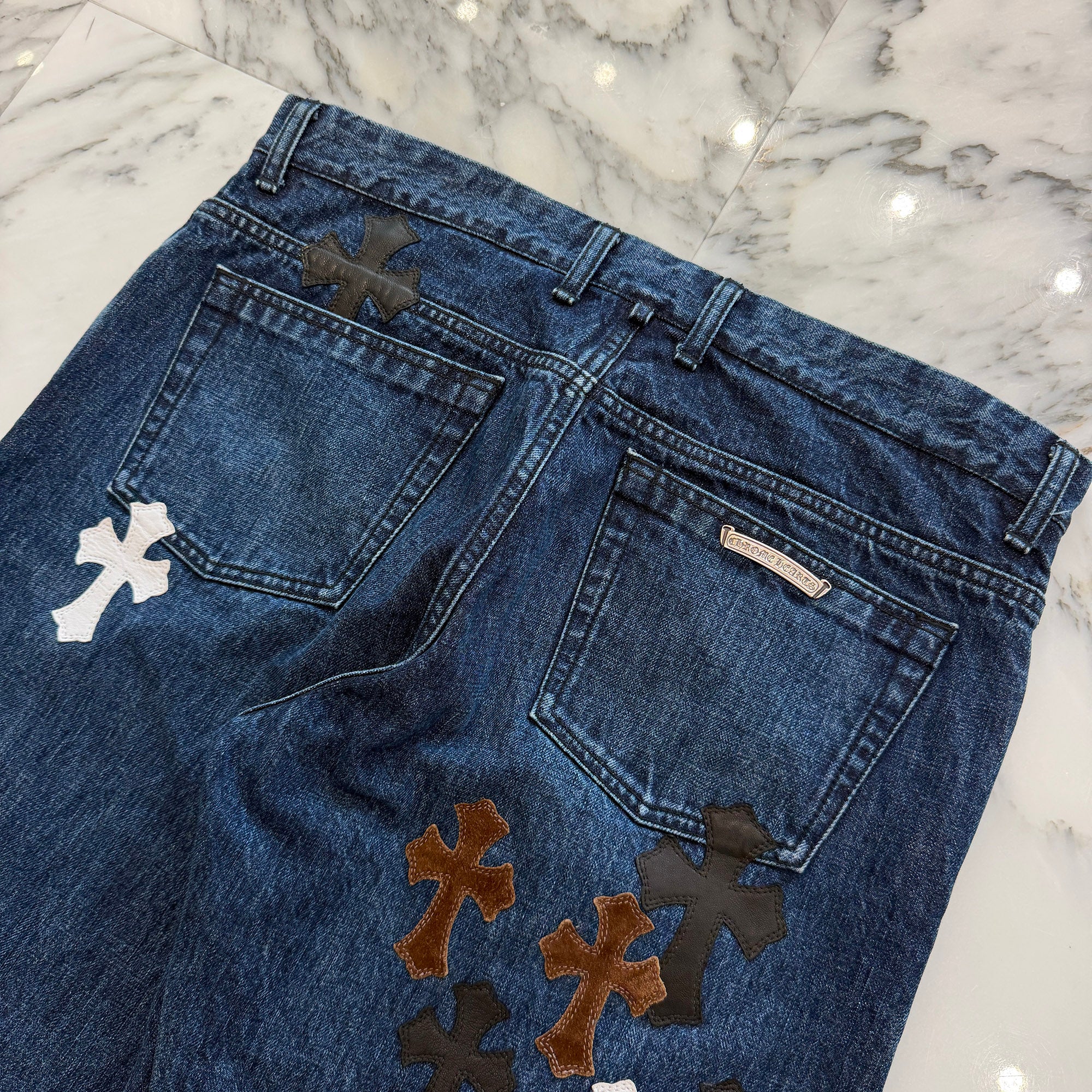 CHROME HEARTS Multi Leather Cross Patch Cross Ball Button Flare Knee Denim Pants Size 36 クロムハーツ マルチレザークロスパッチ クロスボールボタン フレアニー デニムパンツ サイズ36