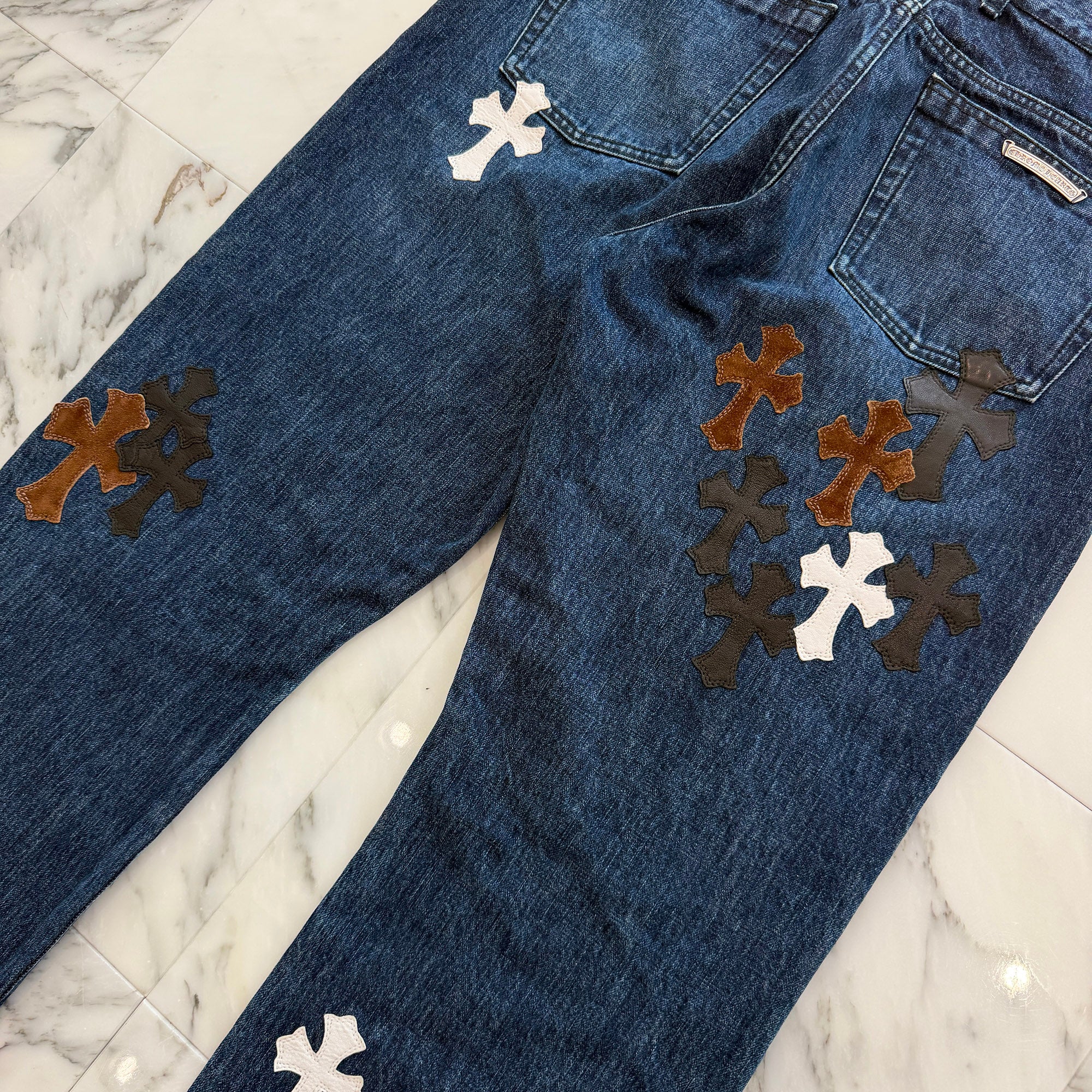 CHROME HEARTS Multi Leather Cross Patch Cross Ball Button Flare Knee Denim Pants Size 36 クロムハーツ マルチレザークロスパッチ クロスボールボタン フレアニー デニムパンツ サイズ36