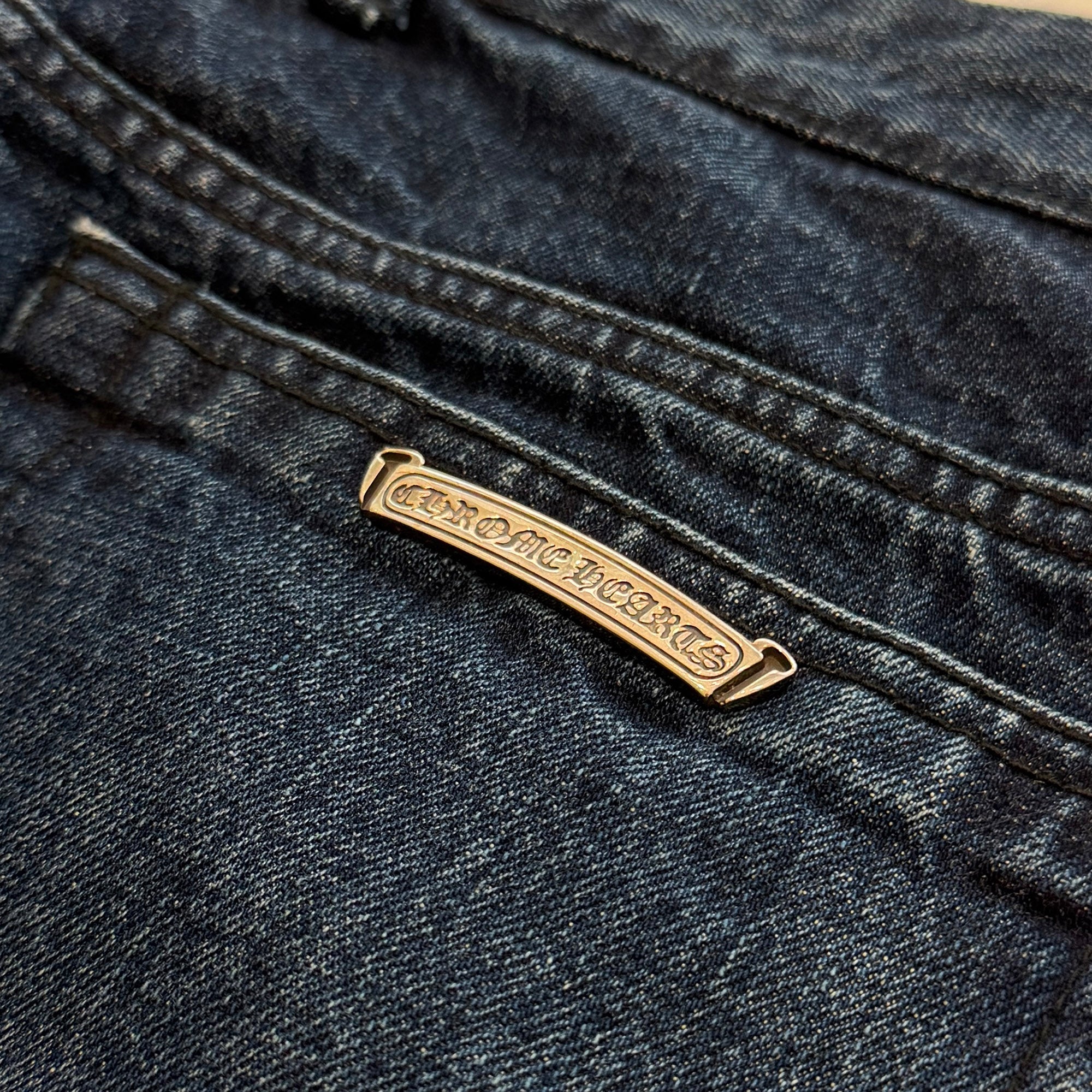 CHROME HEARTS Multi Leather Cross Patch Cross Ball Button Flare Knee Denim Pants Size 36 クロムハーツ マルチレザークロスパッチ クロスボールボタン フレアニー デニムパンツ サイズ36