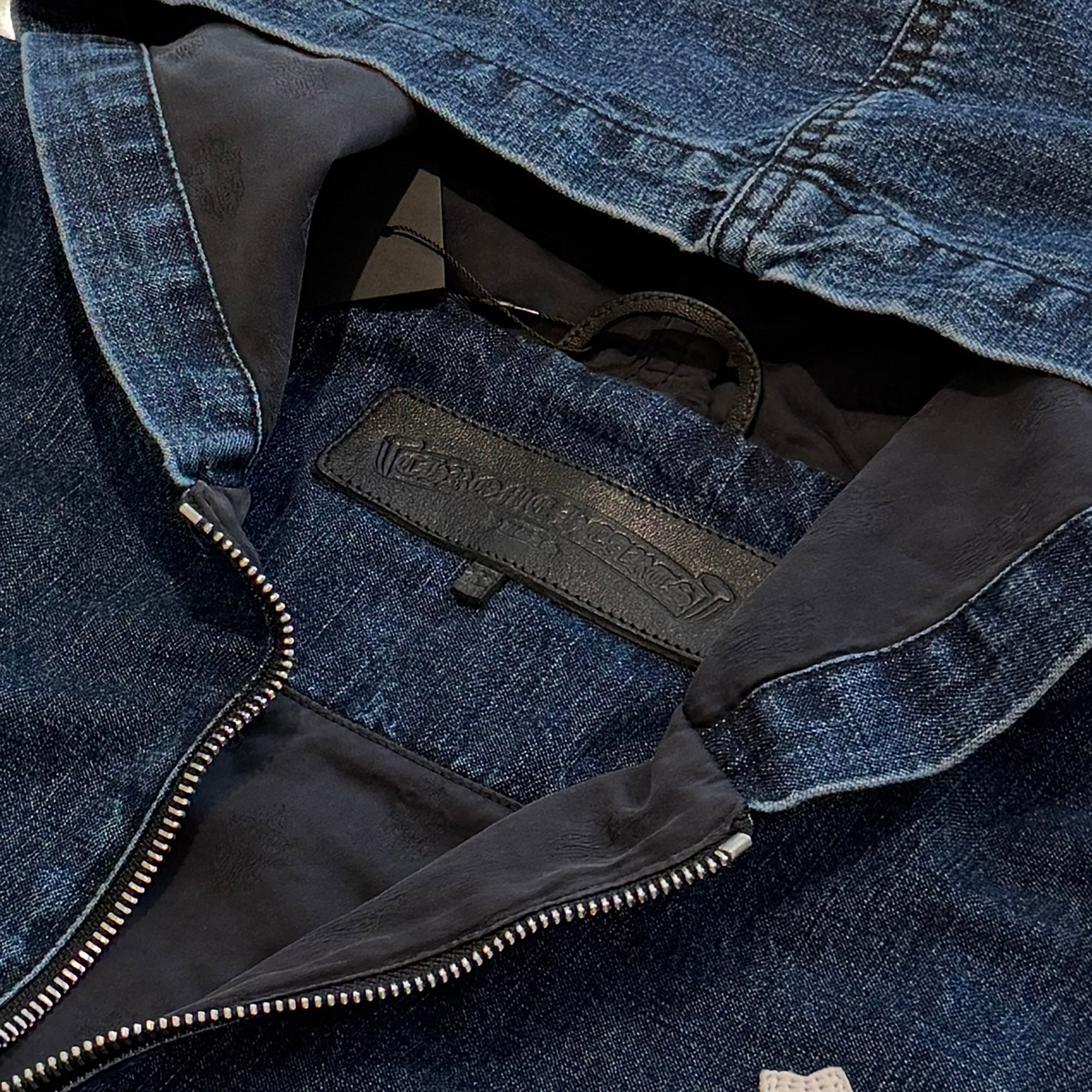 CHROME HEARTS 2024AW Leather Cemetery Triple Cross Denim Anorak Jacket Size L クロムハーツ レザーセメタリートリプルクロス デニム アノラック ジャケット サイズL