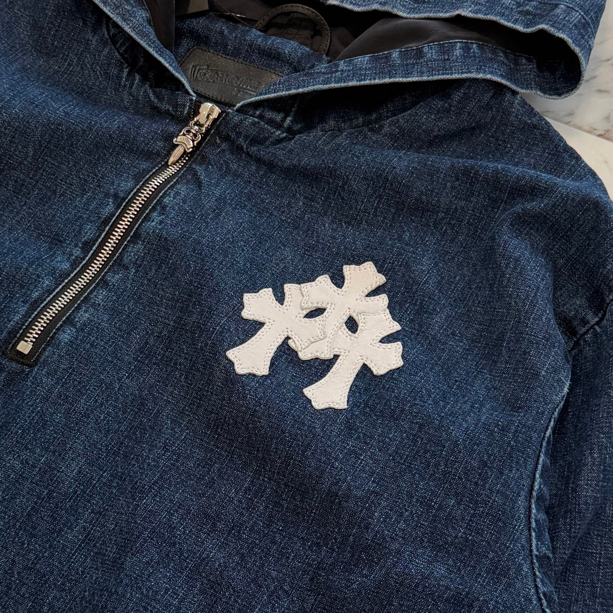 CHROME HEARTS 2024AW Leather Cemetery Triple Cross Denim Anorak Jacket Size L クロムハーツ レザーセメタリートリプルクロス デニム アノラック ジャケット サイズL