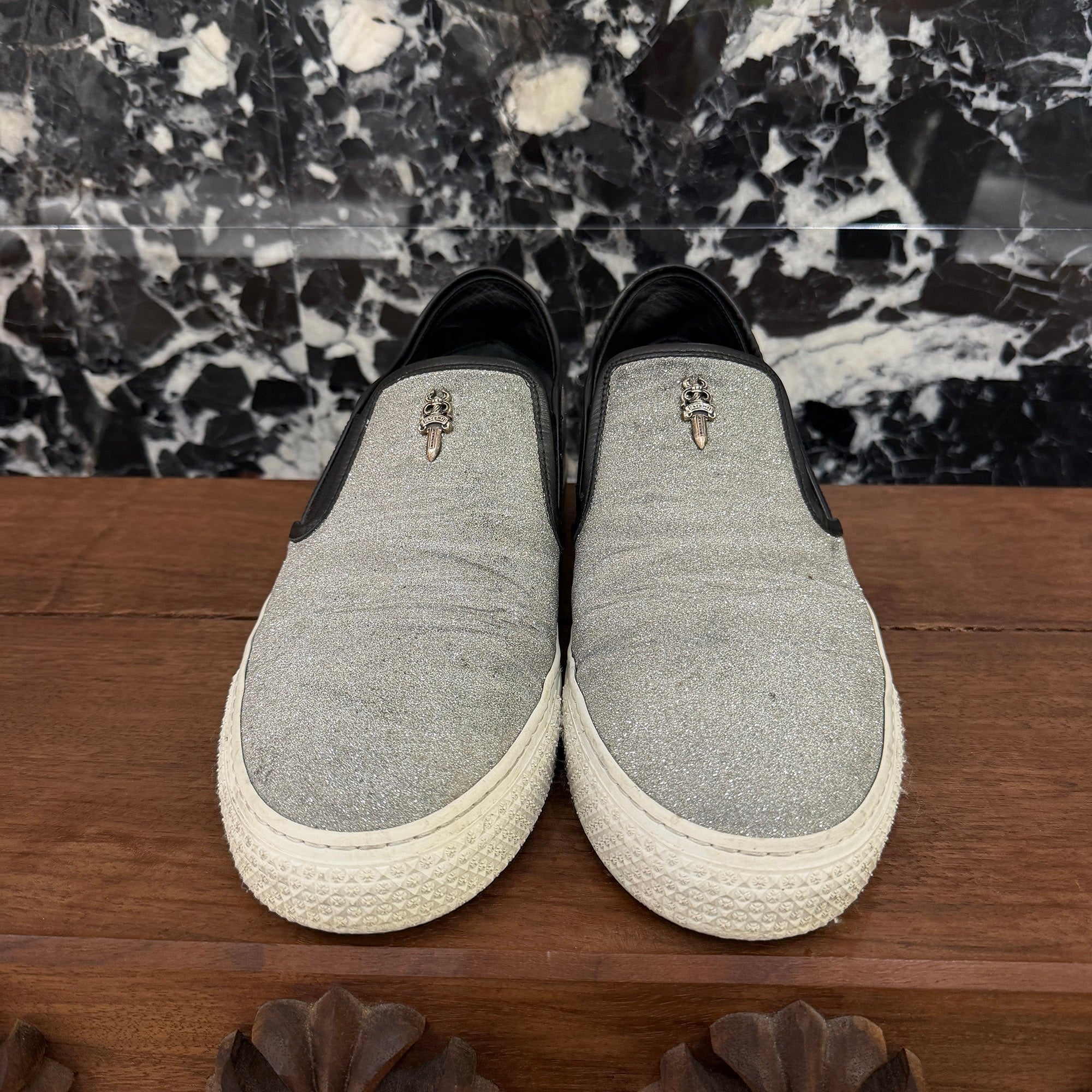 CHROME HEARTS Metallic Silver CH Plus Leather Patch Dagger Slip On