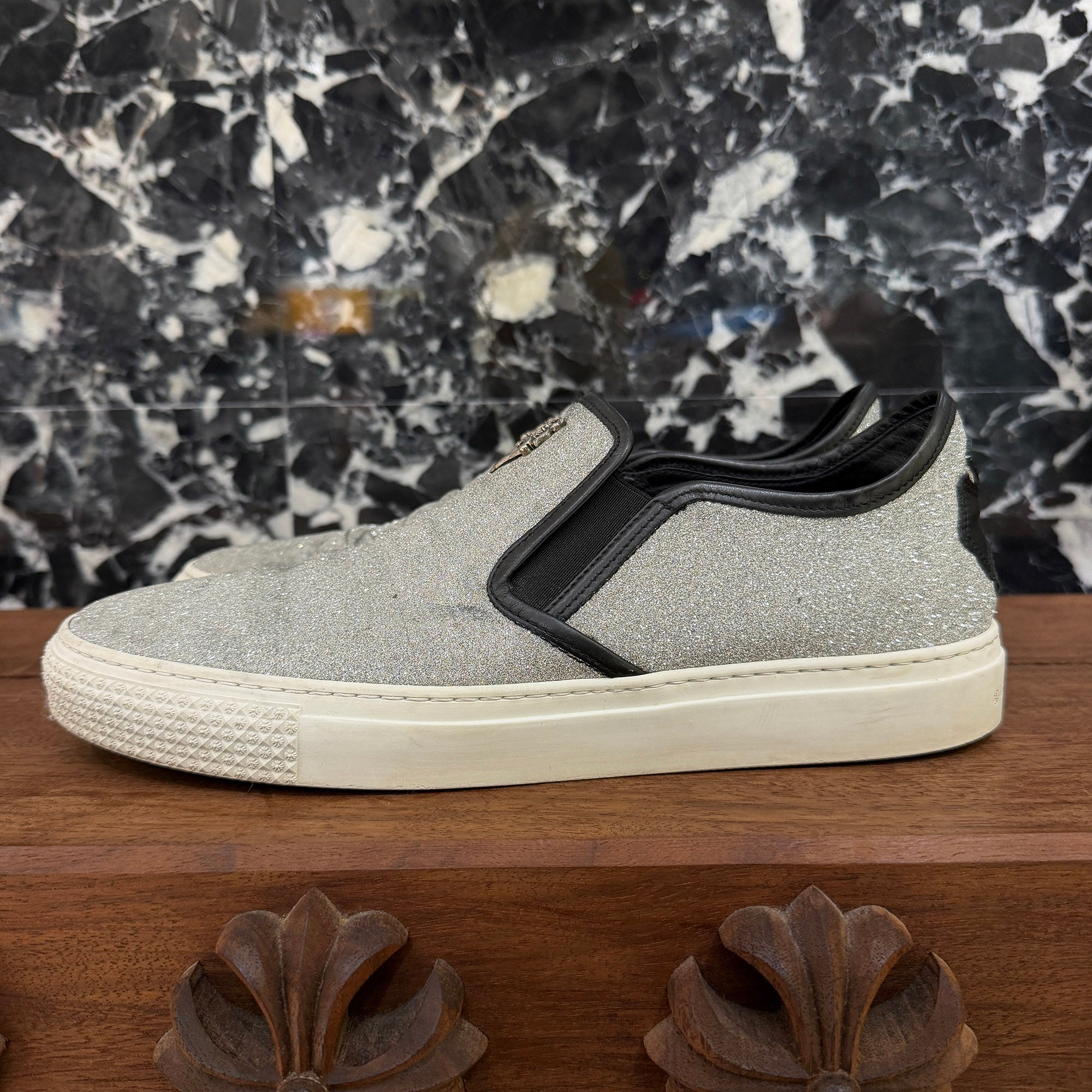 CHROME HEARTS Metallic Silver CH Plus Leather Patch Dagger Slip On Size 43 (約27.5cm～28.0cm) クロムハーツ メタリック シルバー CHプラス レザーパッチ ダガー スリッポン サイズ43 (約27.5cm～28.0cm)