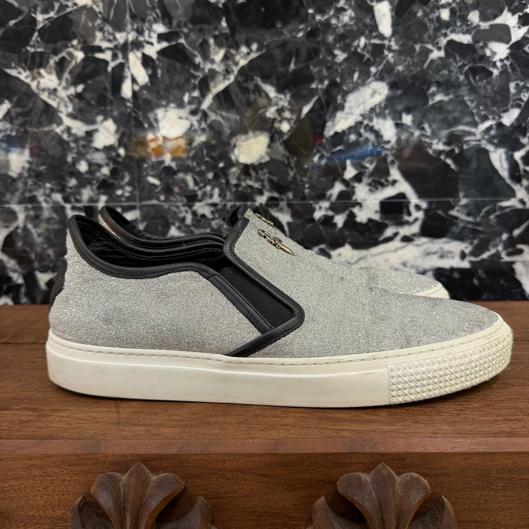 CHROME HEARTS Metallic Silver CH Plus Leather Patch Dagger Slip On Size 43 (約27.5cm～28.0cm) クロムハーツ メタリック シルバー CHプラス レザーパッチ ダガー スリッポン サイズ43 (約27.5cm～28.0cm)