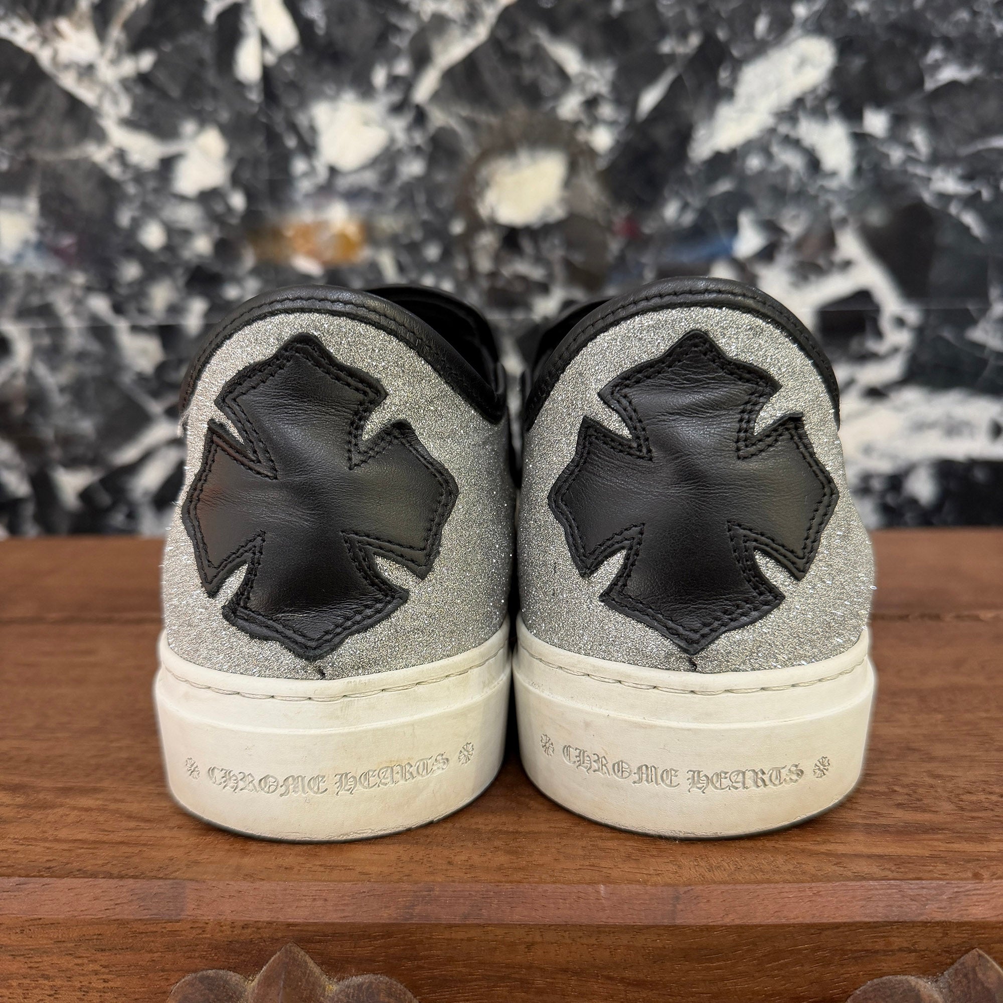 CHROME HEARTS Metallic Silver CH Plus Leather Patch Dagger Slip On Size 43 (約27.5cm～28.0cm) クロムハーツ メタリック シルバー CHプラス レザーパッチ ダガー スリッポン サイズ43 (約27.5cm～28.0cm)