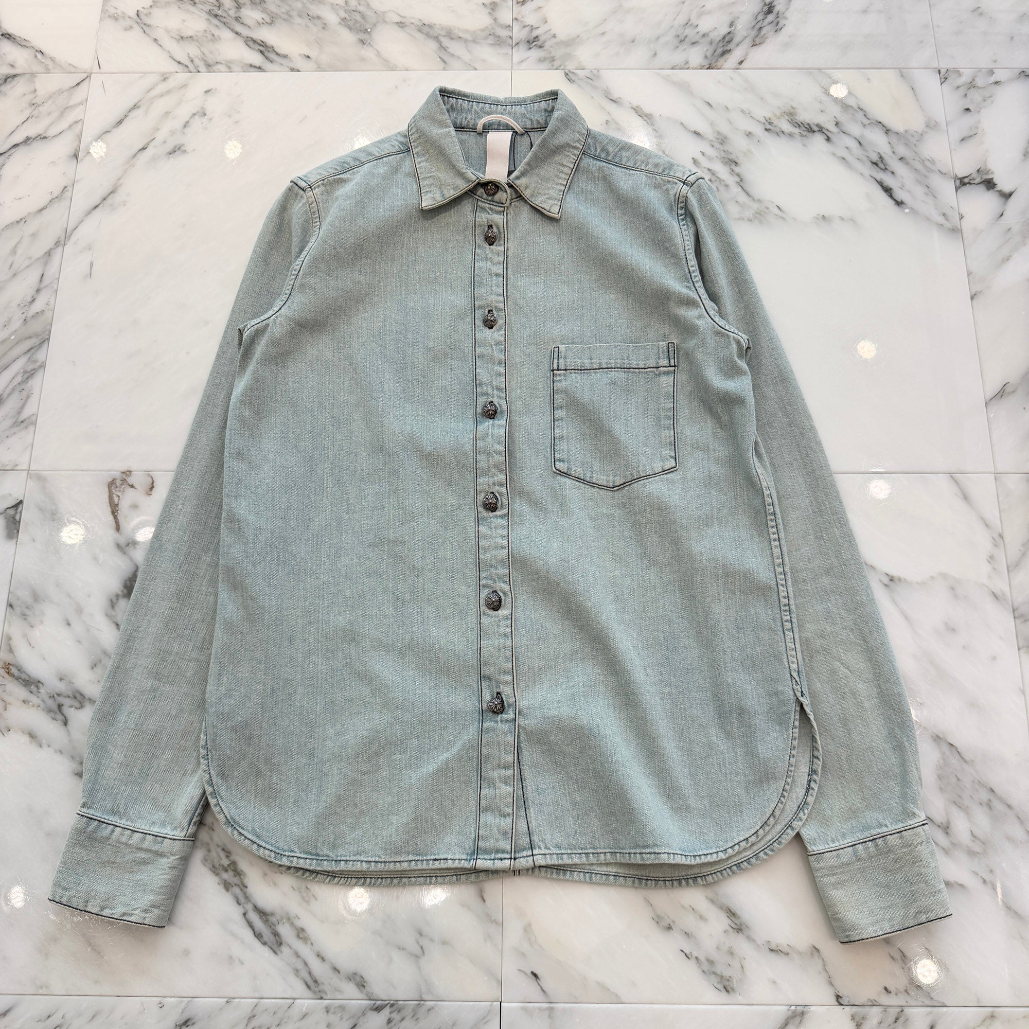 CHROME HEARTS Y NOT Leather Cross Patch Denim Shirts Size M クロムハーツ ワイノット レザー クロスパッチ デニムシャツ サイズM