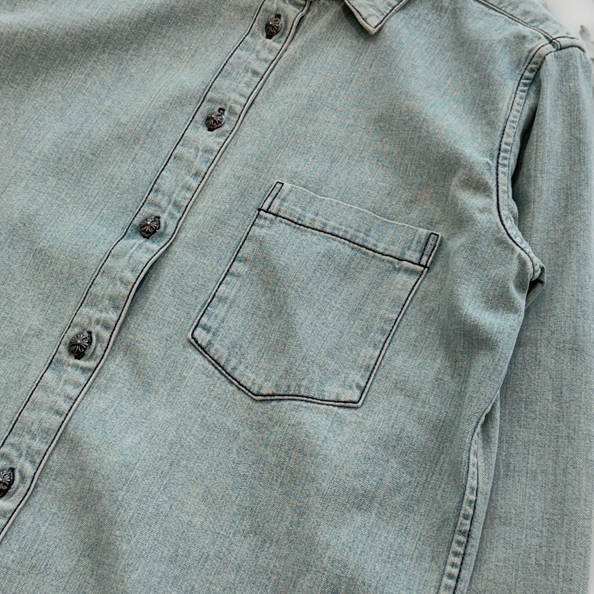 CHROME HEARTS Y NOT Leather Cross Patch Denim Shirts Size M クロムハーツ ワイノット レザー クロスパッチ デニムシャツ サイズM