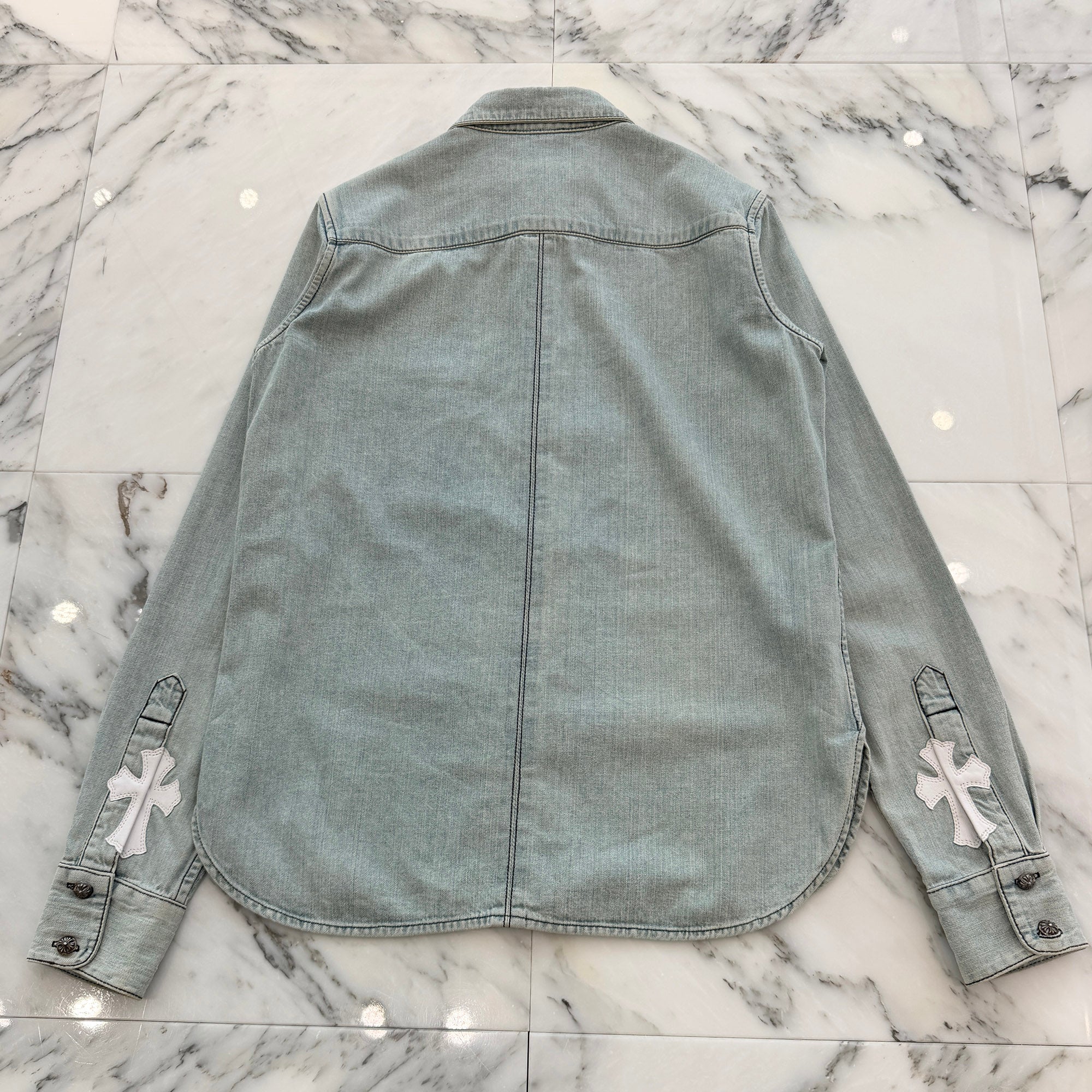 CHROME HEARTS Y NOT Leather Cross Patch Denim Shirts Size M クロムハーツ ワイノット レザー クロスパッチ デニムシャツ サイズM