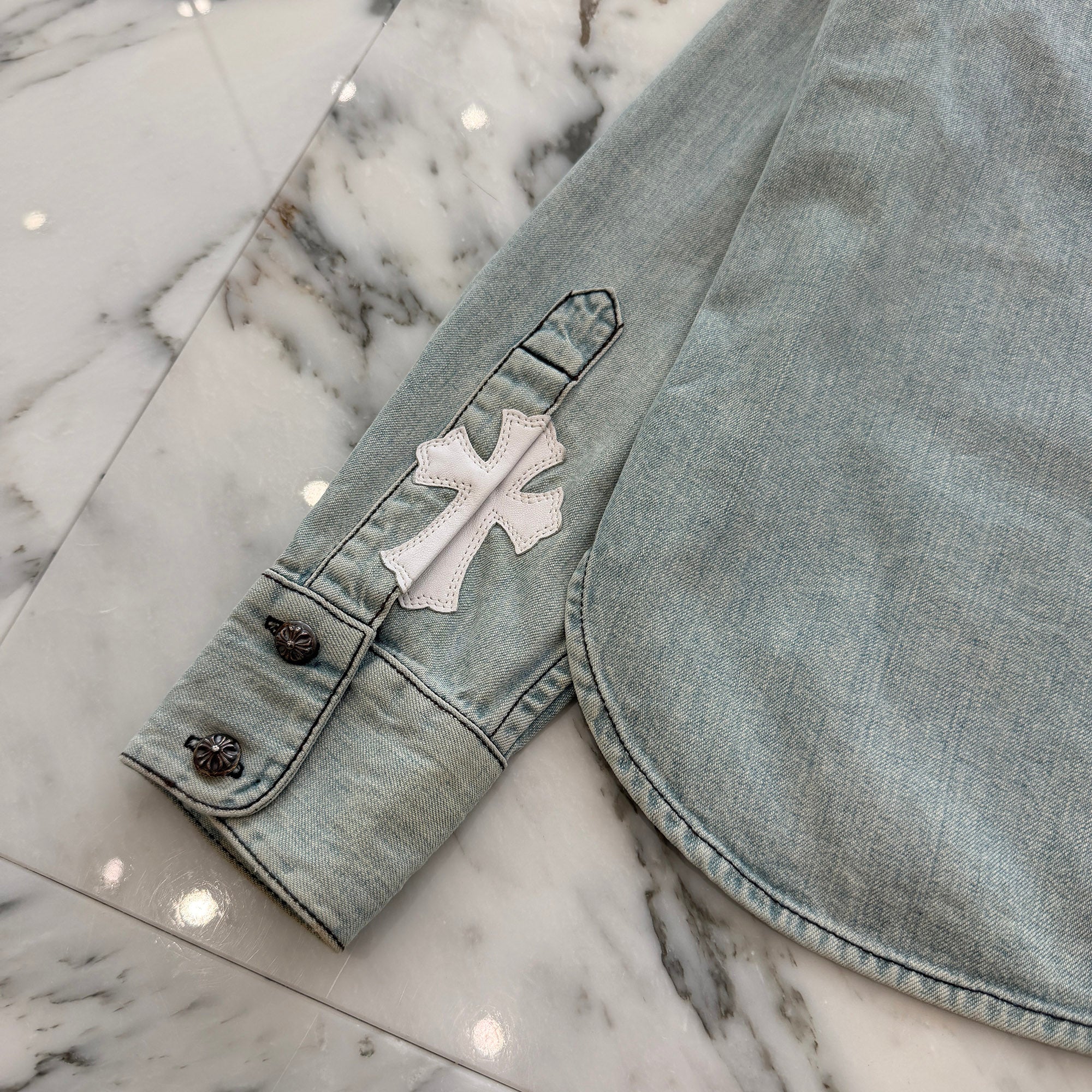 CHROME HEARTS Y NOT Leather Cross Patch Denim Shirts Size M クロムハーツ ワイノット レザー クロスパッチ デニムシャツ サイズM