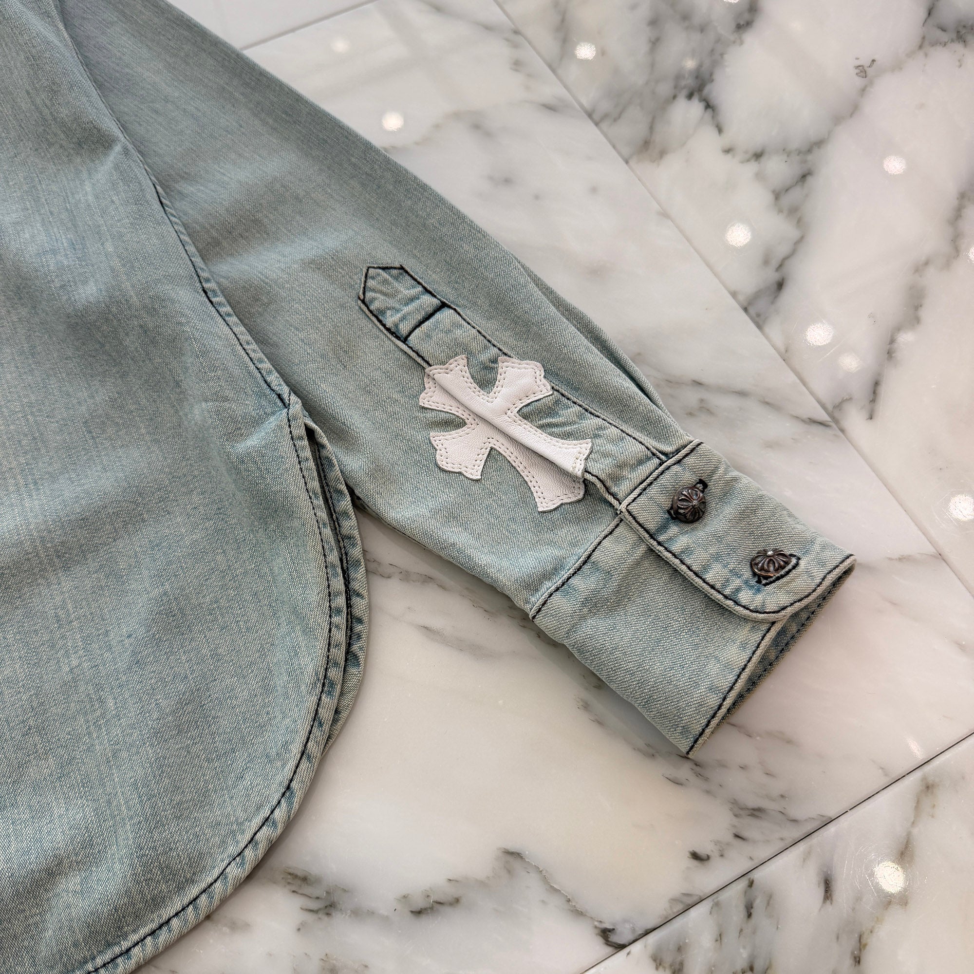 CHROME HEARTS Y NOT Leather Cross Patch Denim Shirts Size M クロムハーツ ワイノット レザー クロスパッチ デニムシャツ サイズM