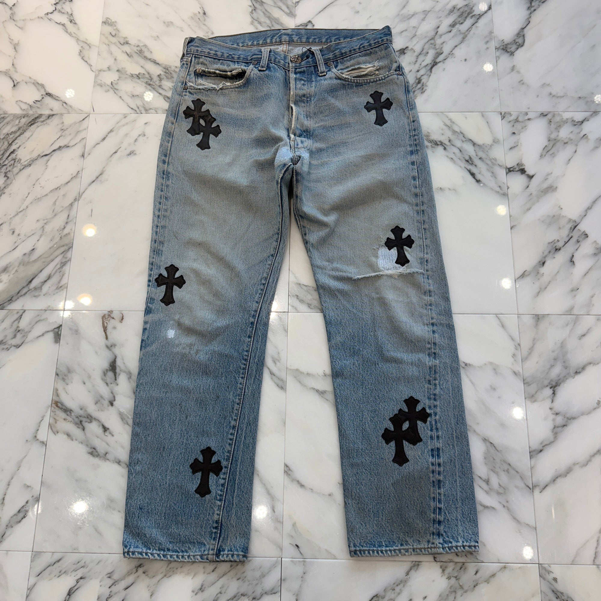 CHROME HEARTS × Levi's 501 VNTG Leather Cross Patch Denim Pants Size 32 クロムハーツ × リーバイス 501 ヴィンテージ レザークロスパッチ デニムパンツ サイズ32