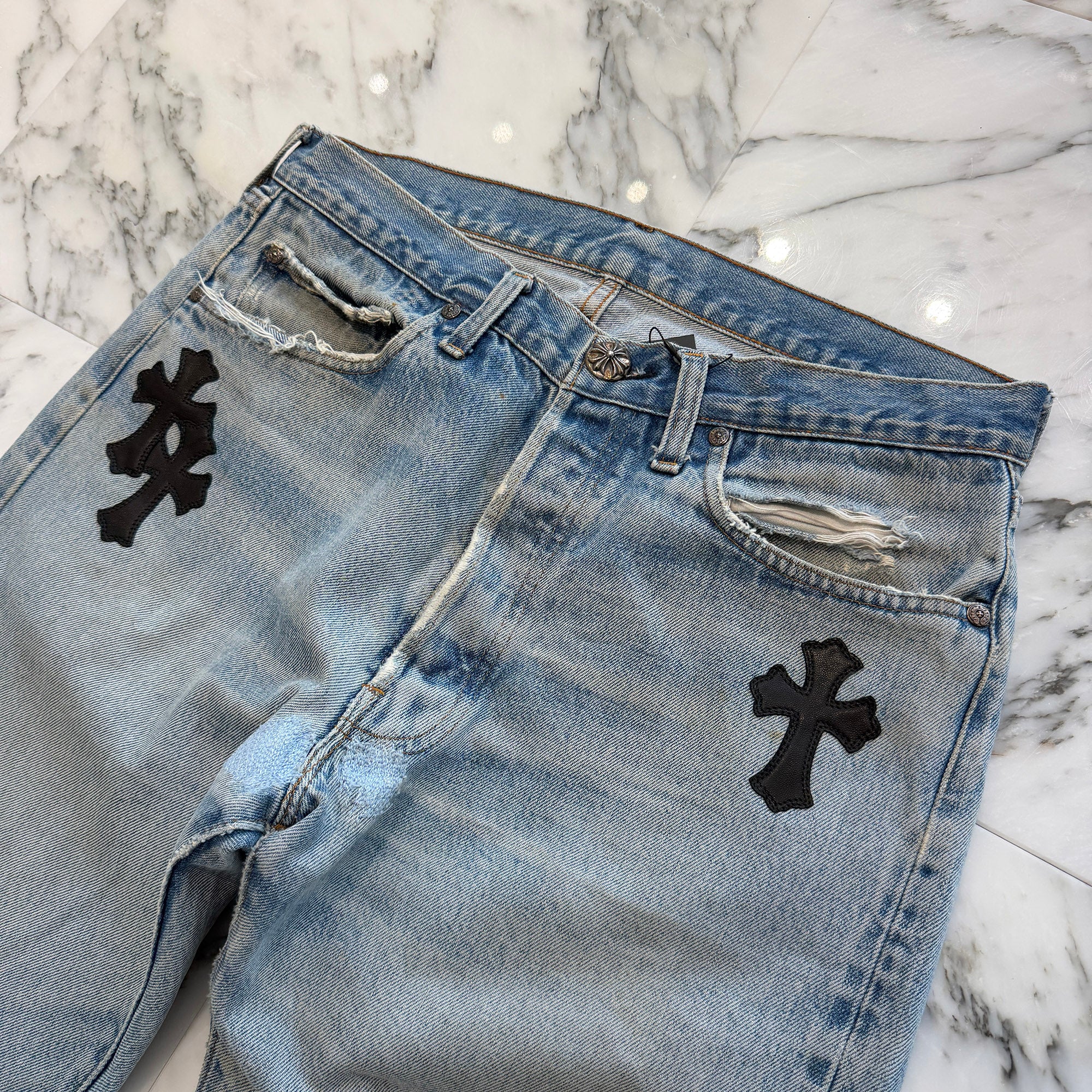 CHROME HEARTS × Levi's 501 VNTG Leather Cross Patch Denim Pants Size 32 クロムハーツ × リーバイス 501 ヴィンテージ レザークロスパッチ デニムパンツ サイズ32