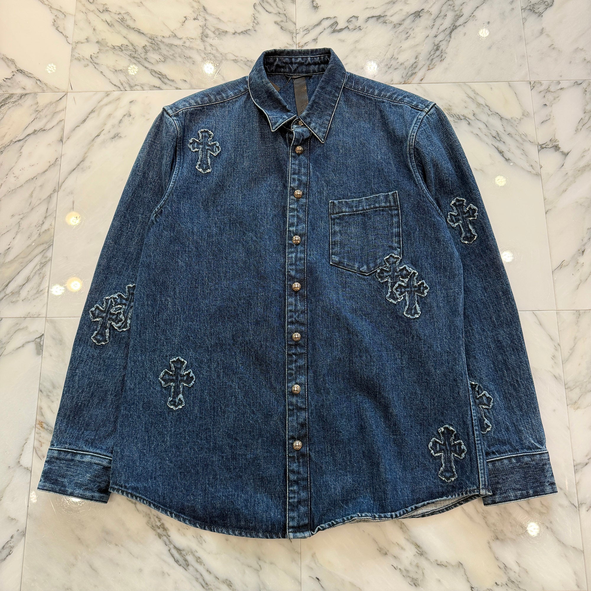 CHROME HEARTS YNOT Denim Cross Patch Shirt Jacket Size L クロムハーツ ワイノット デニムクロスパッチ シャツジャケット サイズL