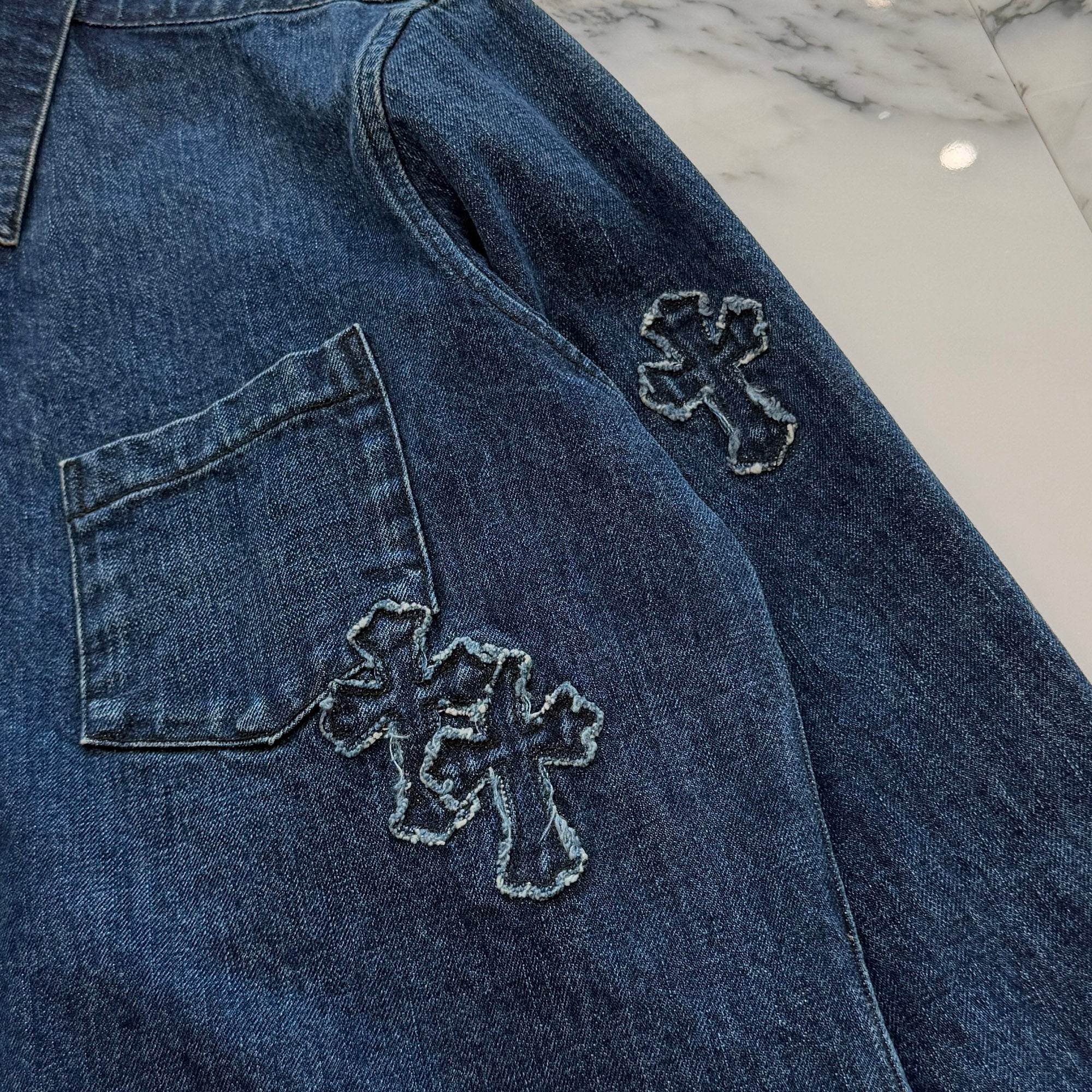CHROME HEARTS YNOT Denim Cross Patch Shirt Jacket Size L クロムハーツ ワイノット デニムクロスパッチ シャツジャケット サイズL