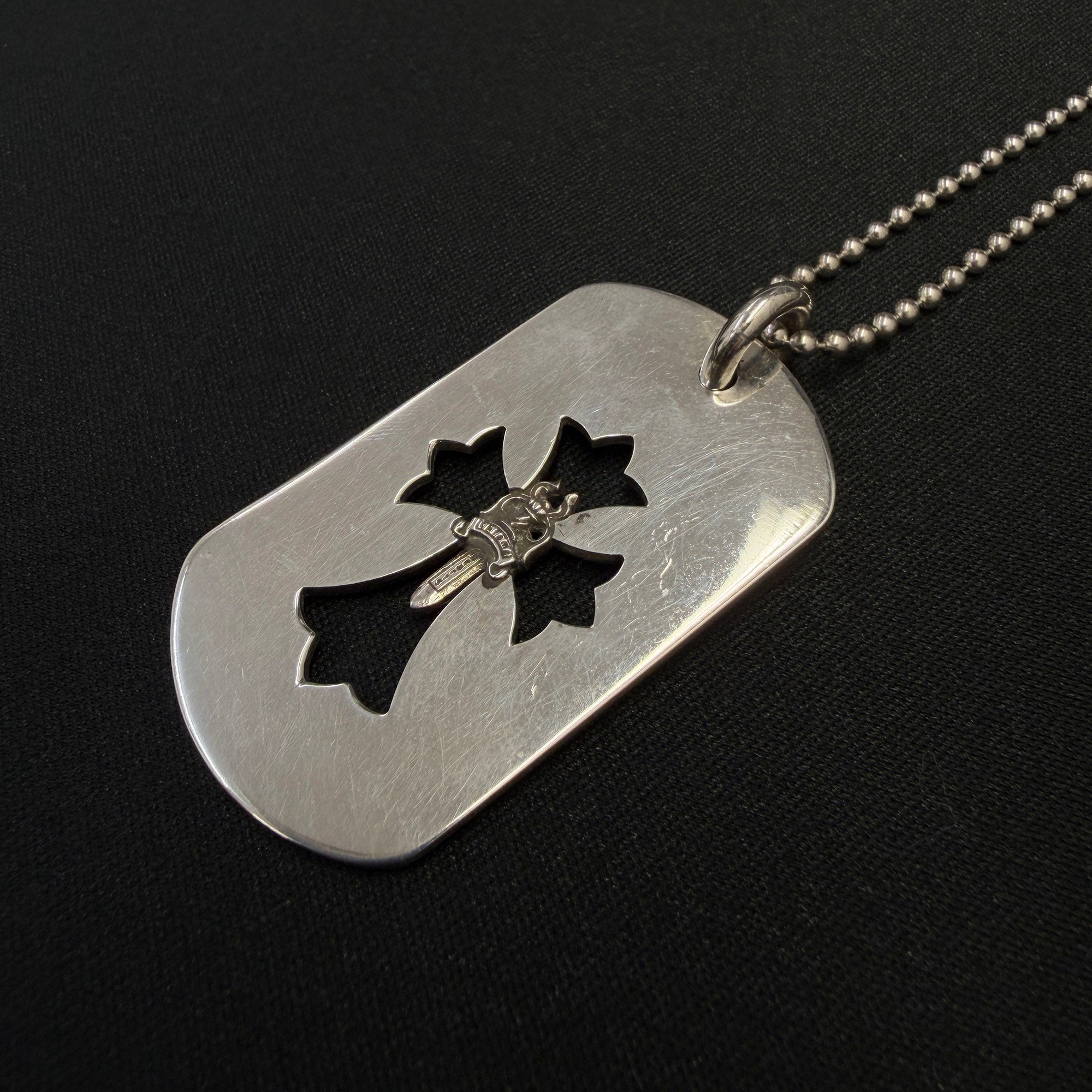 CHROME HEARTS Cut Out Cross Dagger Dock Tag Large Pendant Necklace & Ball Chain クロムハーツ カットアウトクロス ダガー ドッグタグ ラージ ペンダント & ボールチェーン