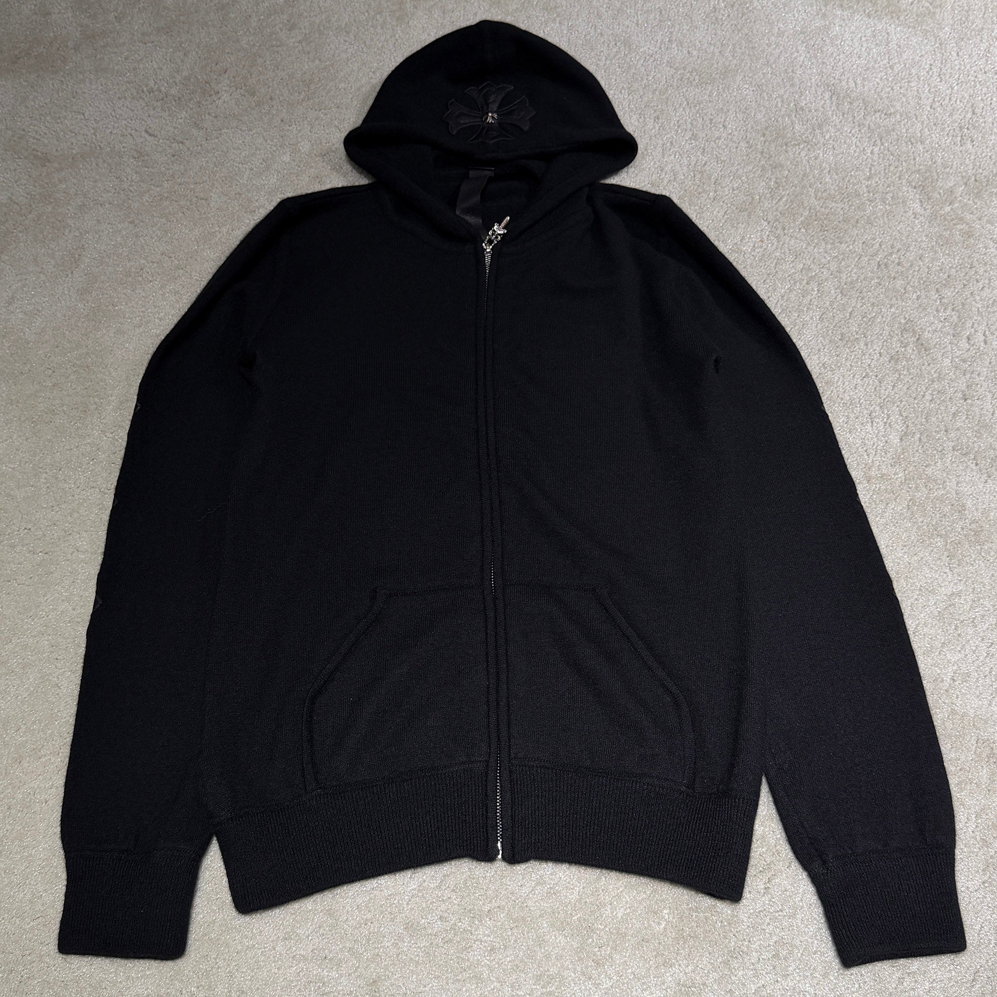 CHROME HEARTS Y NOT Floral Cross Leather Patch Cashmere Zip Up Hoodie Size L クロムハーツ ワイノット フローラルクロス レザーパッチ カシミア ジップアップ フーディー サイズL