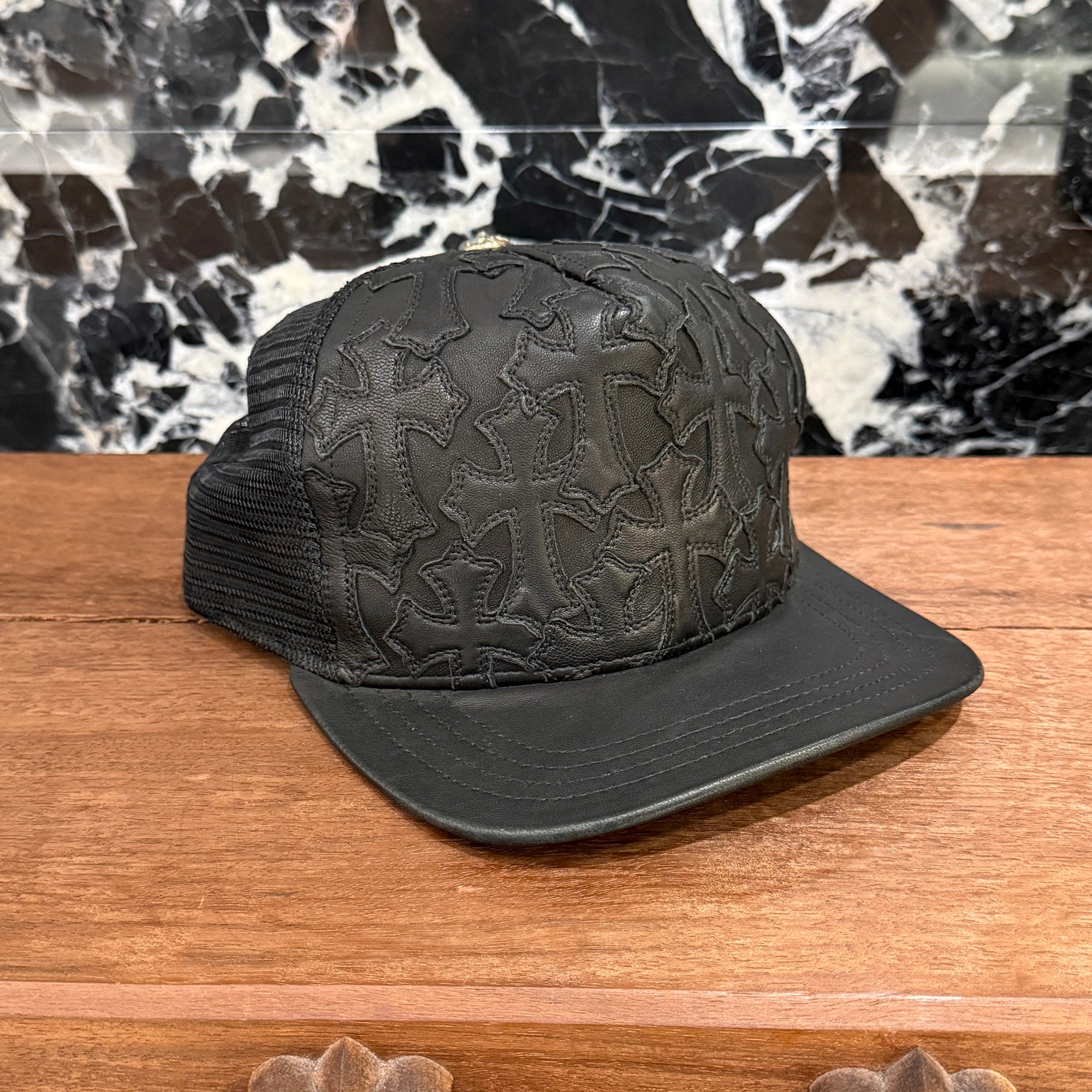 CHROME HEARTS Cemetary Cross Leather Patch Trucker Cap Size ONE