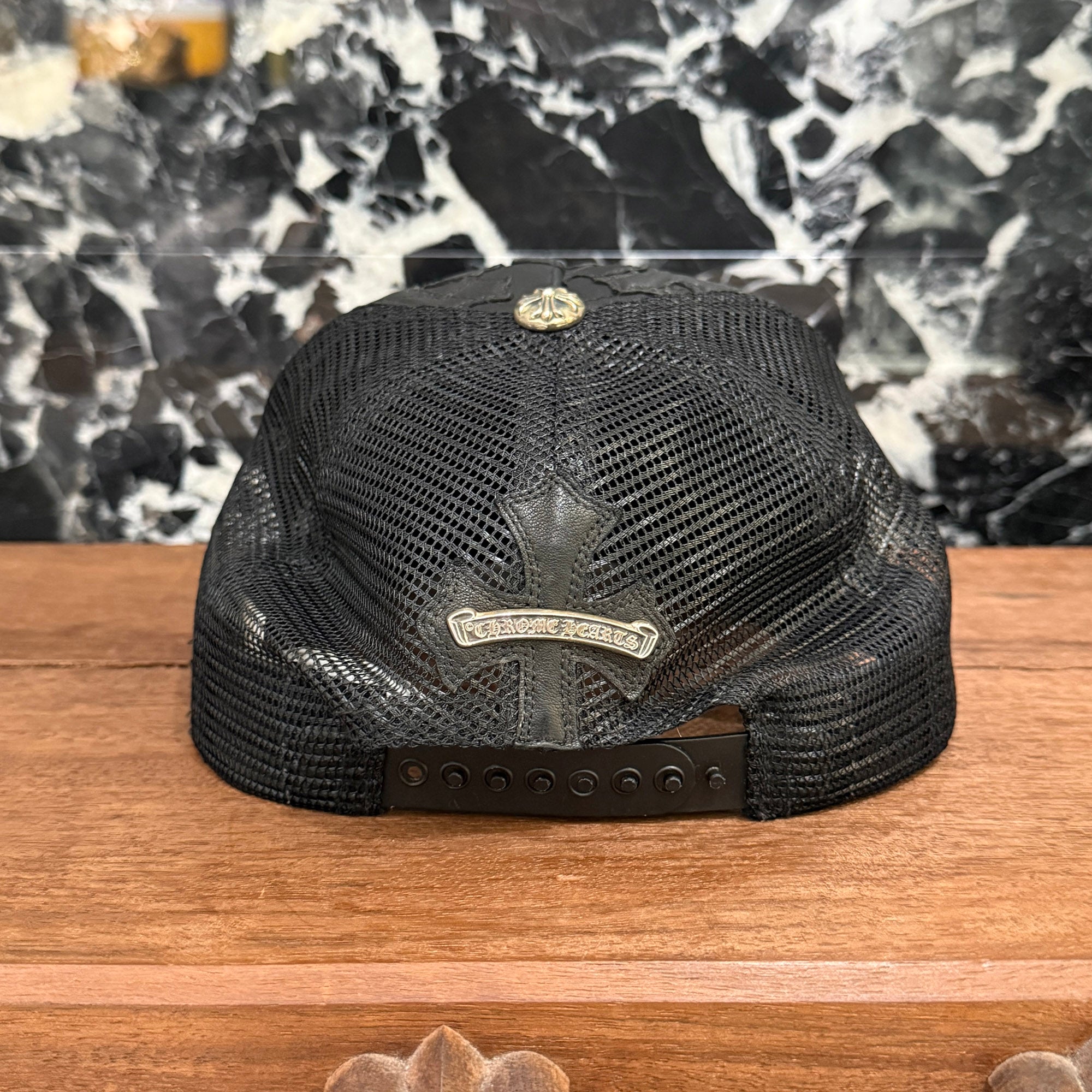 CHROME HEARTS Cemetary Cross Leather Patch Trucker Cap Size ONE