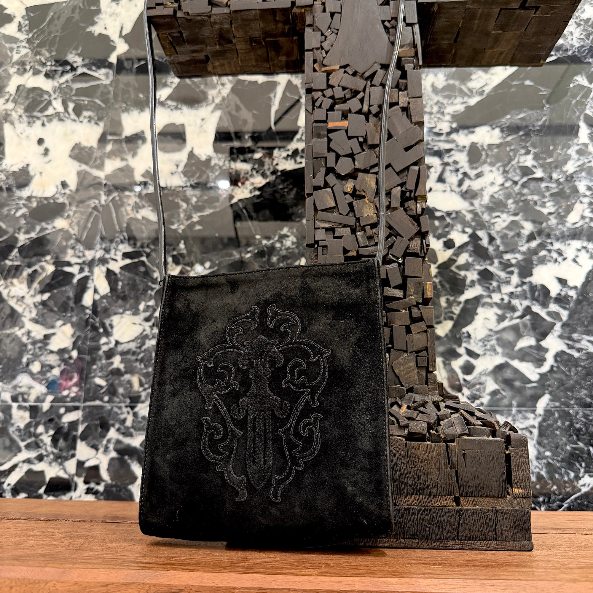 CHROME HEARTS Suede Leather Square Pocket Vine Dagger Patch Shoulder Bag クロムハーツ スエードレザー スクエアポケット ヴァインダガー パッチ ショルダーバッグ