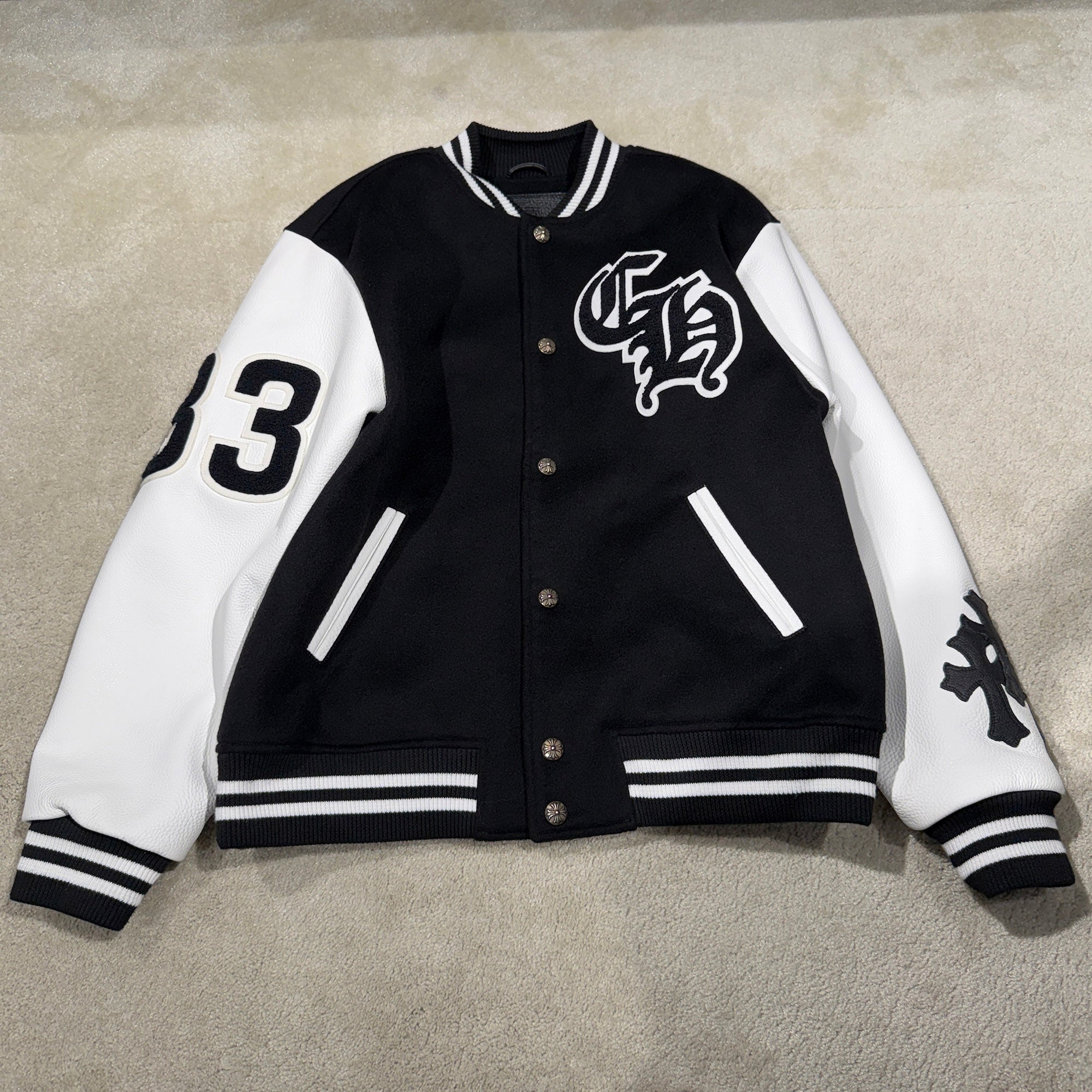 CHROME HEARTS CHICKEN 33 Cross Patch Leather Sleeve Varcity Jacket Size L クロムハーツ チキンジャケット 33 クロスパッチ レザースリーブ バーシティジャケット サイズL