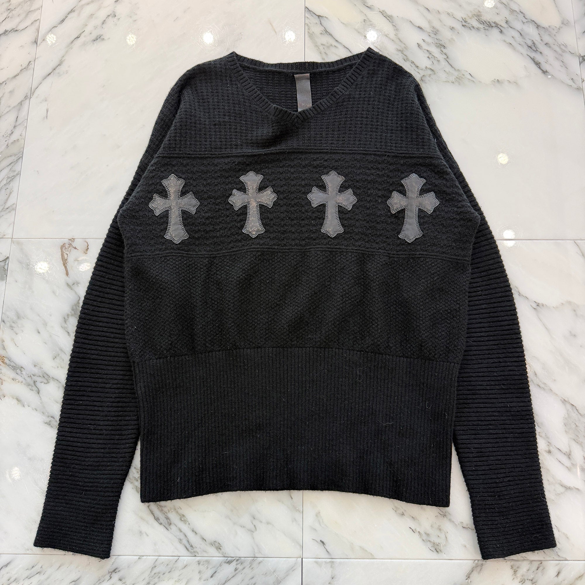 CHROME HEARTS Y NOT Leather Cross Patch Cashmere Knit Sweater Size M クロムハーツ ワイノット レザークロスパッチ カシミヤ ニットセーター サイズM