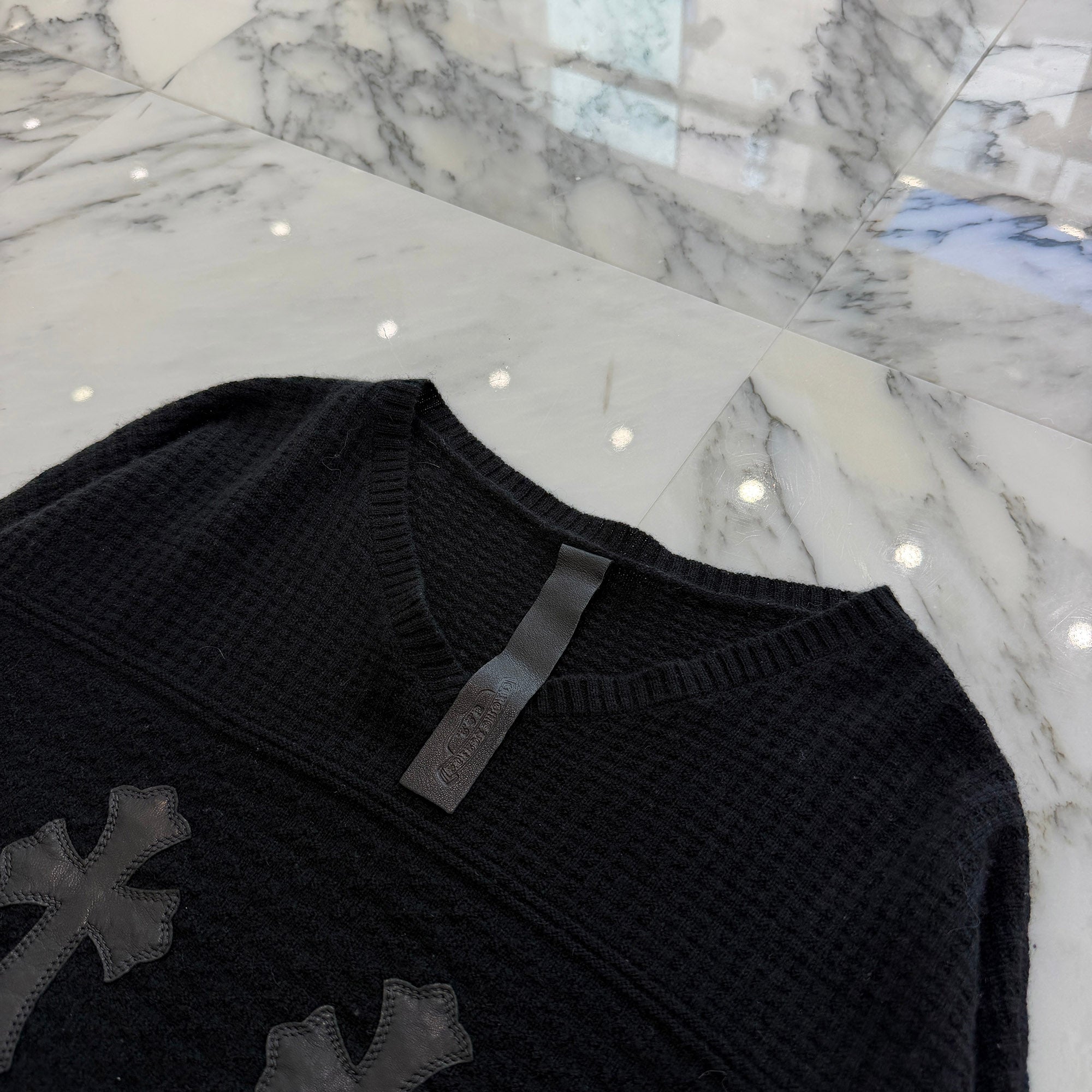 CHROME HEARTS Y NOT Leather Cross Patch Cashmere Knit Sweater Size