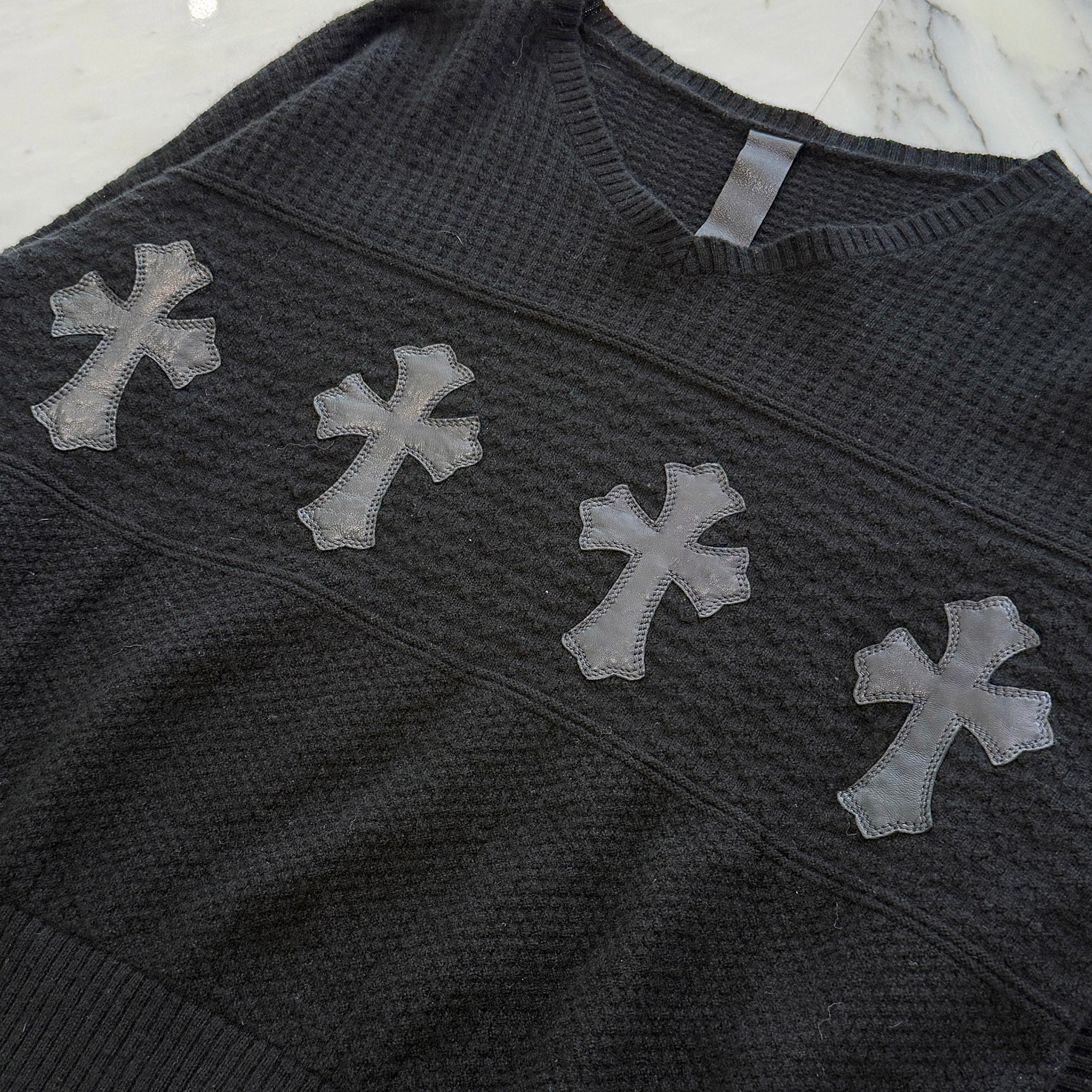 CHROME HEARTS Y NOT Leather Cross Patch Cashmere Knit Sweater Size