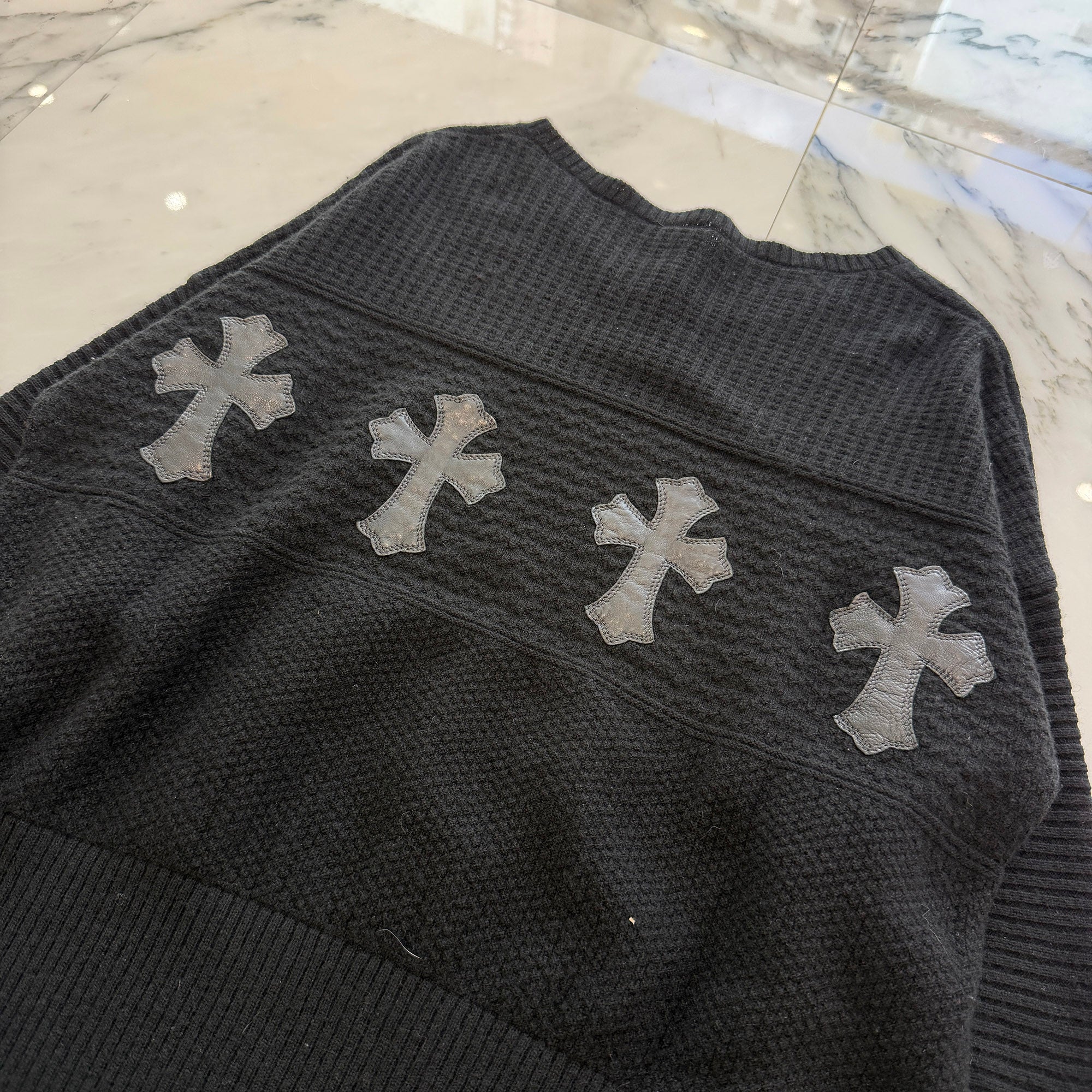 CHROME HEARTS Y NOT Leather Cross Patch Cashmere Knit Sweater Size M クロムハーツ ワイノット レザークロスパッチ カシミヤ ニットセーター サイズM