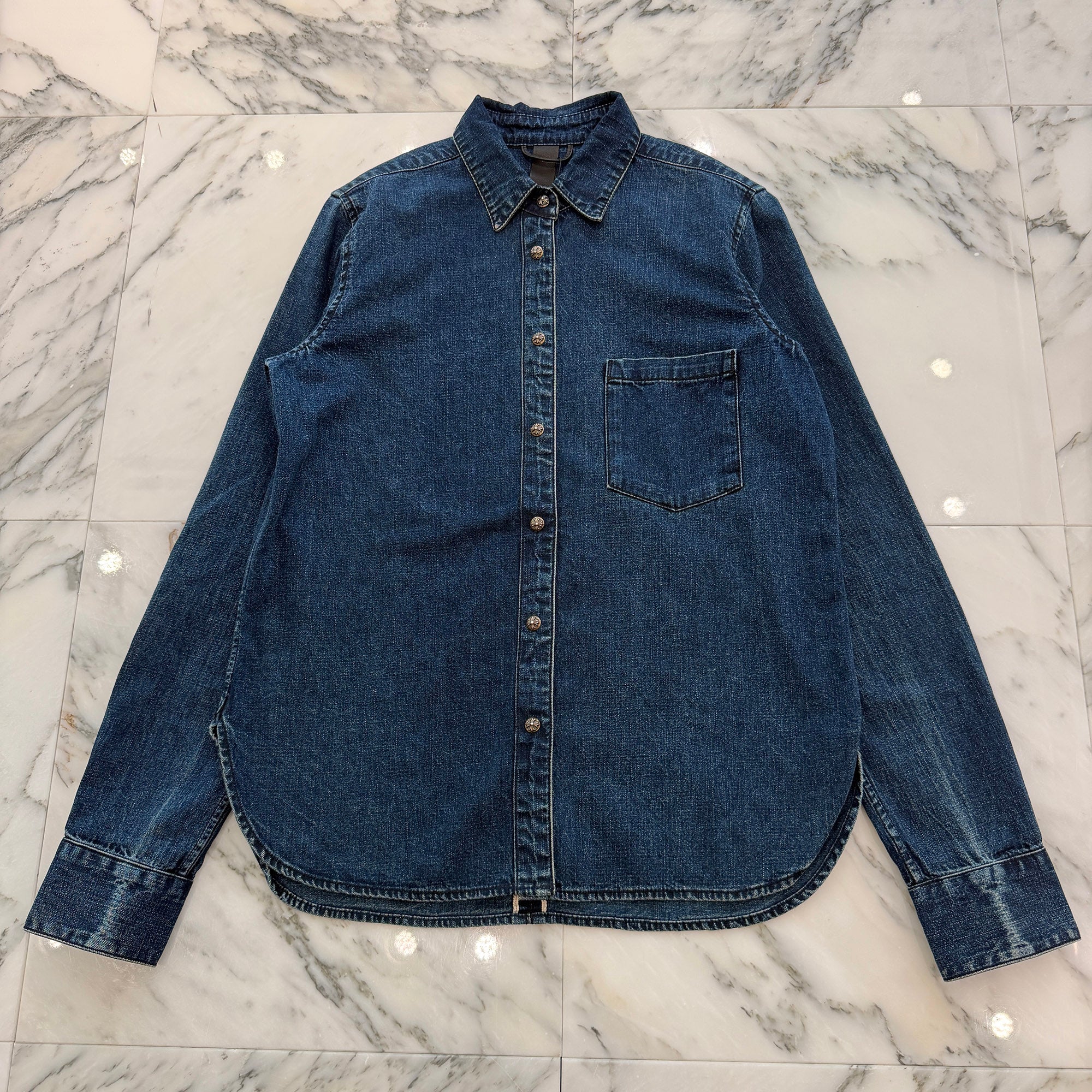CHROME HEARTS Y NOT Leather Cross Patch Denim Shirt Size L クロムハーツ レザークロスパッチ デニムシャツ サイズL
