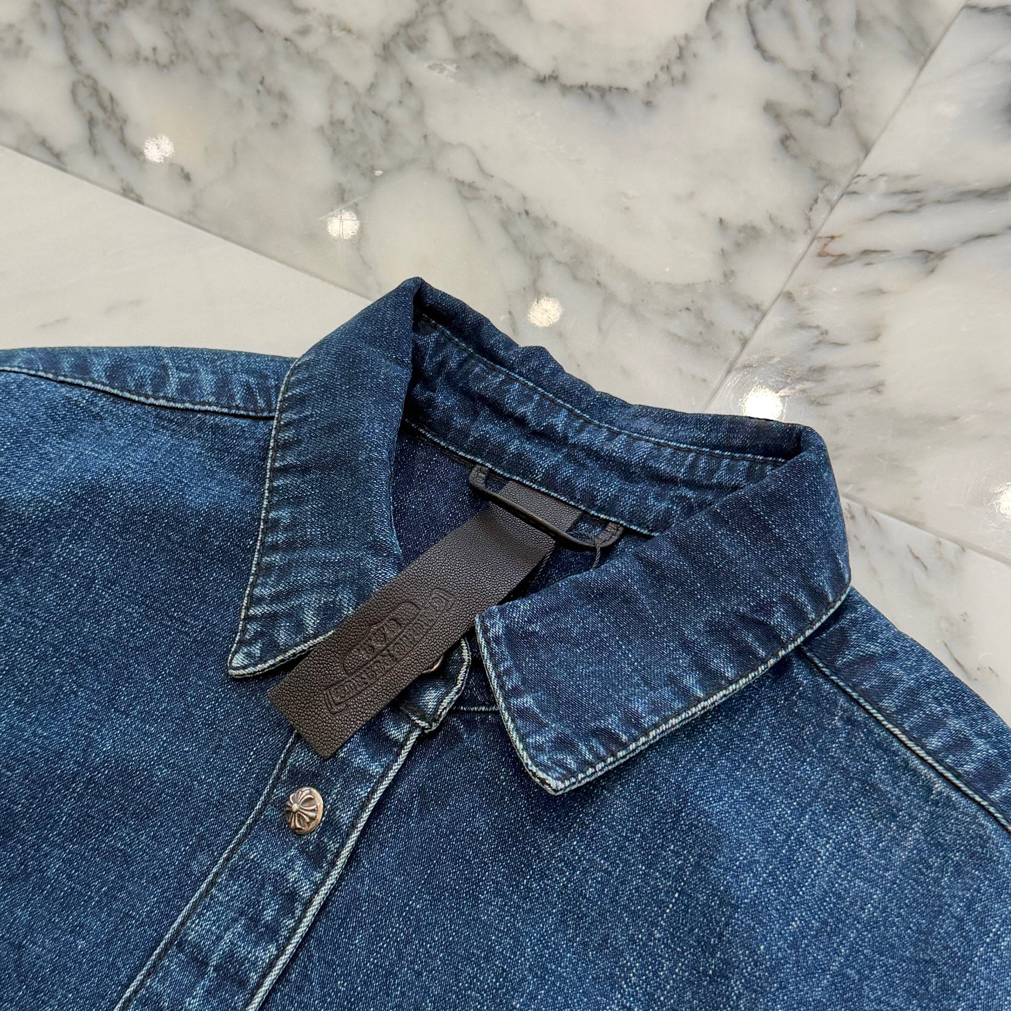 CHROME HEARTS Y NOT Leather Cross Patch Denim Shirt Size L クロムハーツ レザークロスパッチ デニムシャツ サイズL