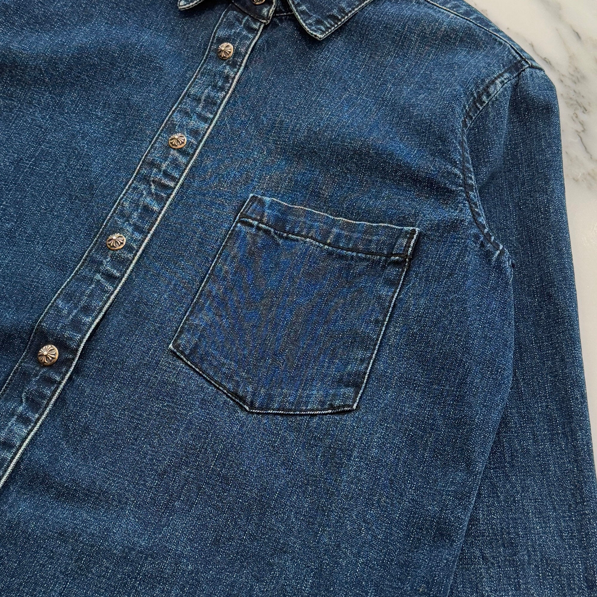 CHROME HEARTS Y NOT Leather Cross Patch Denim Shirt Size L クロムハーツ レザークロスパッチ デニムシャツ サイズL