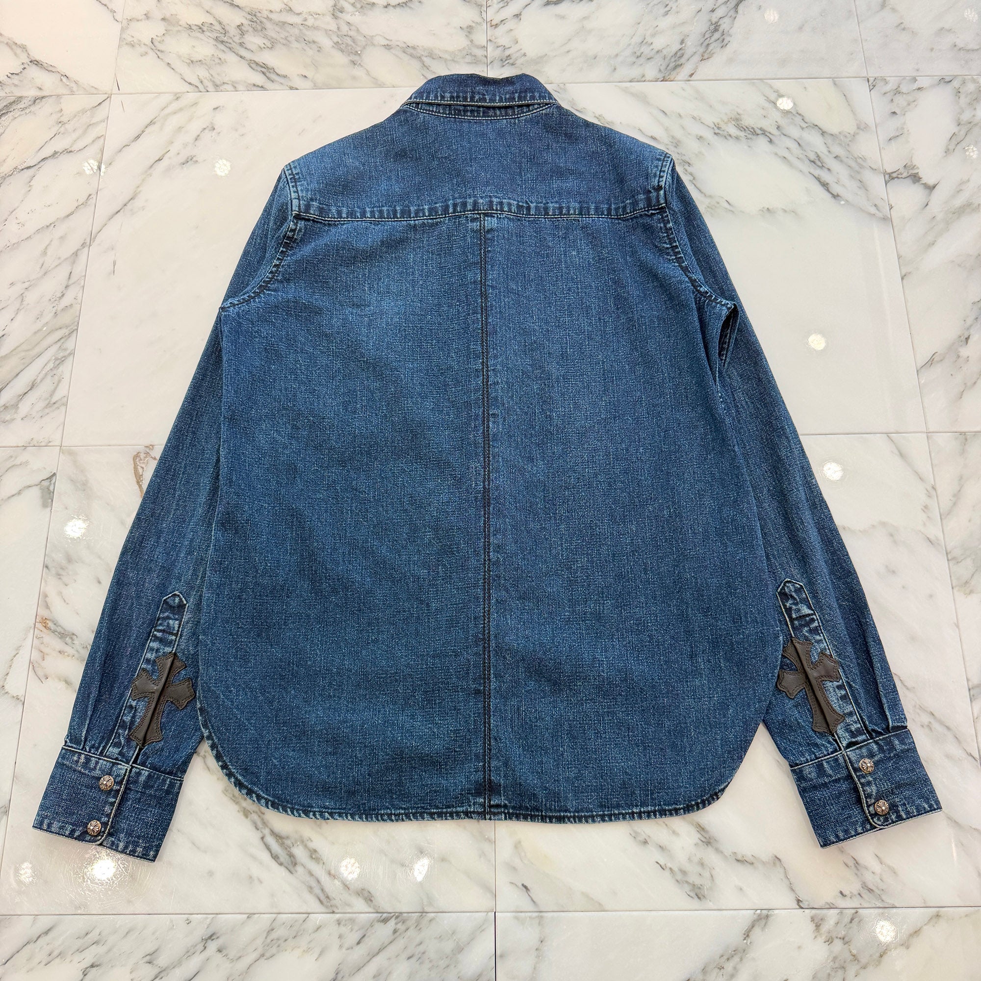 CHROME HEARTS Y NOT Leather Cross Patch Denim Shirt Size L クロムハーツ レザークロスパッチ デニムシャツ サイズL