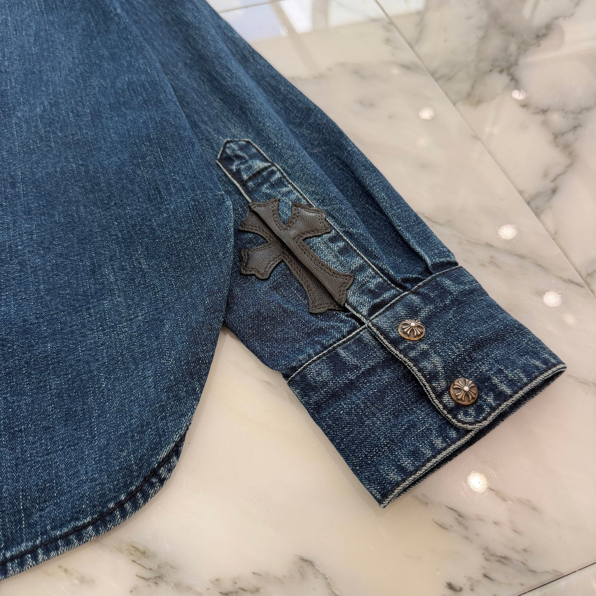 CHROME HEARTS Y NOT Leather Cross Patch Denim Shirt Size L クロムハーツ レザークロスパッチ デニムシャツ サイズL