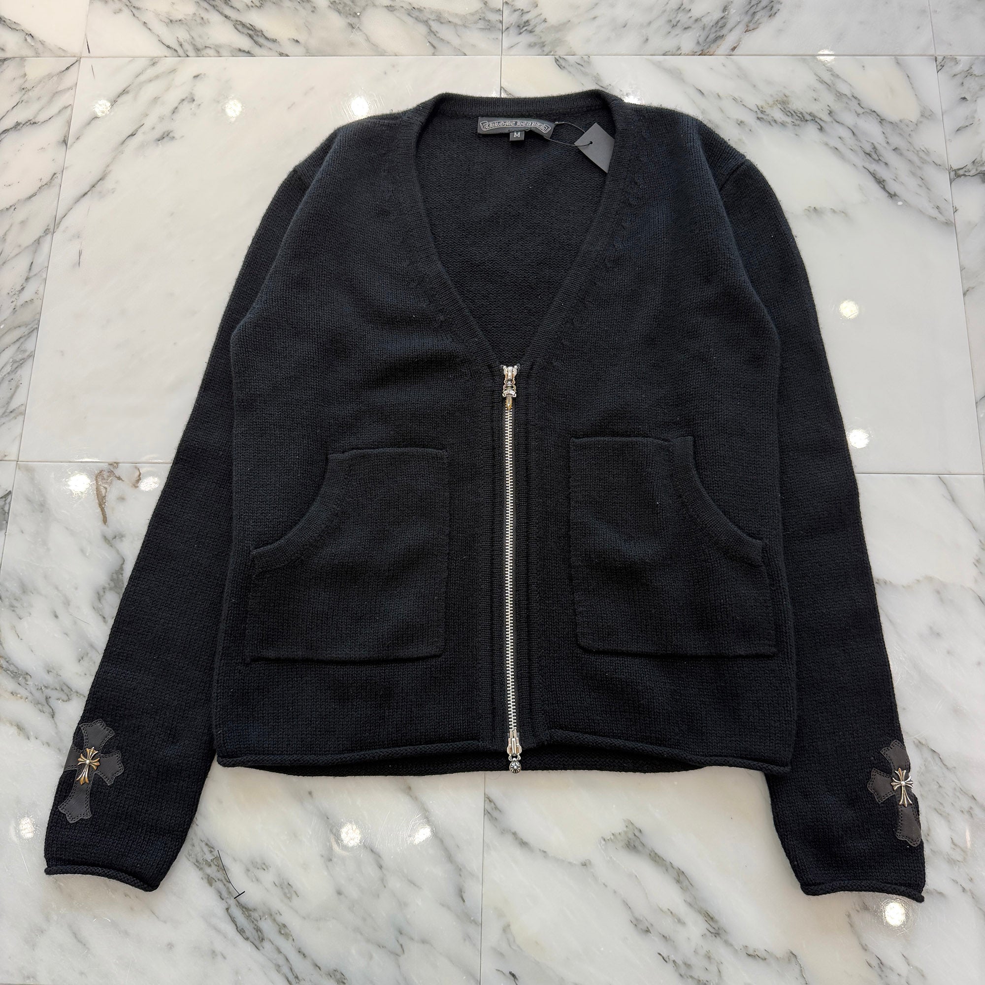 CHROME HEARTS Silver Cross Leather Patch Zip Up Cardigan Size M クロムハーツ シルバークロス レザーパッチ ジップアップカーディガン サイズM