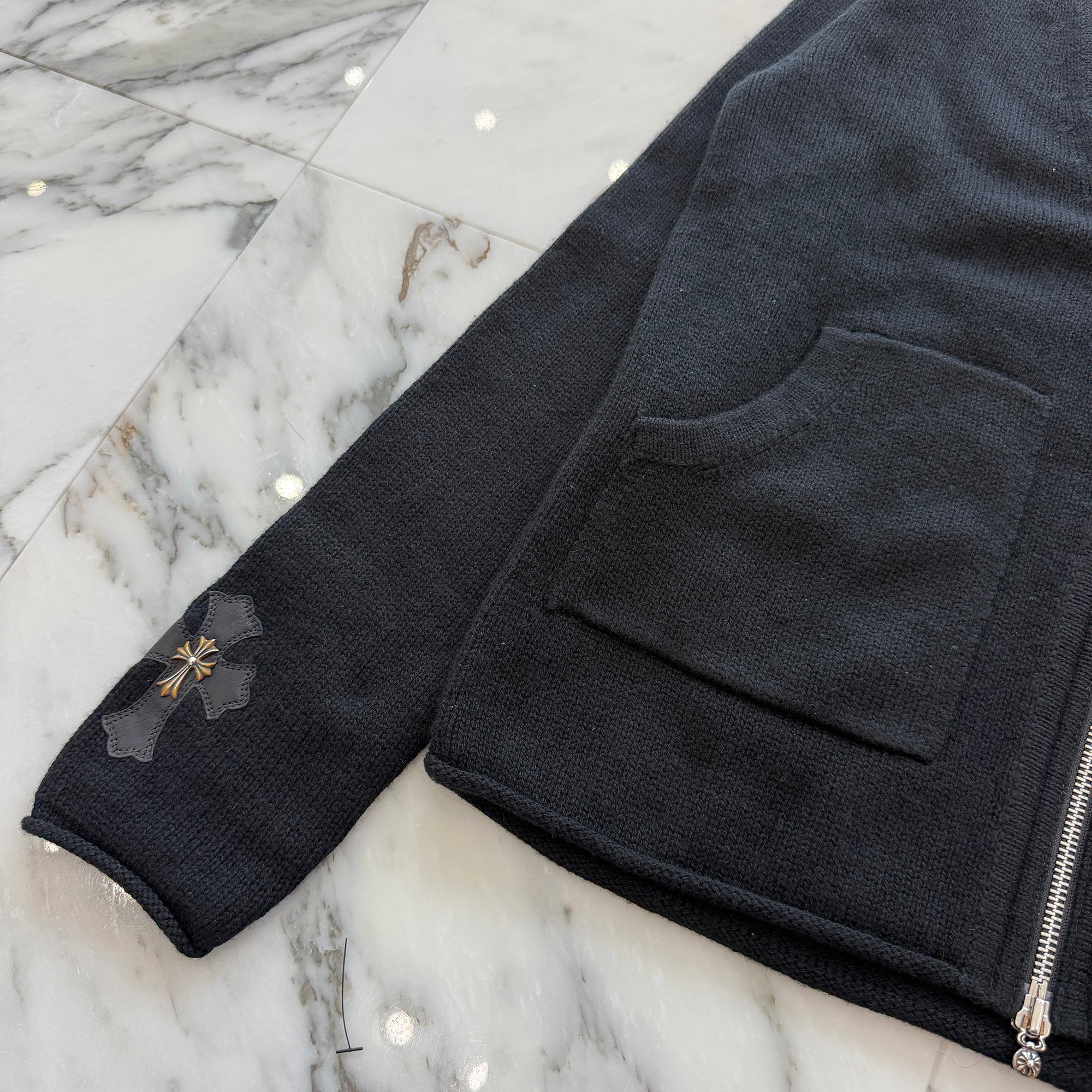 CHROME HEARTS Silver Cross Leather Patch Zip Up Cardigan Size M クロムハーツ シルバークロス レザーパッチ ジップアップカーディガン サイズM
