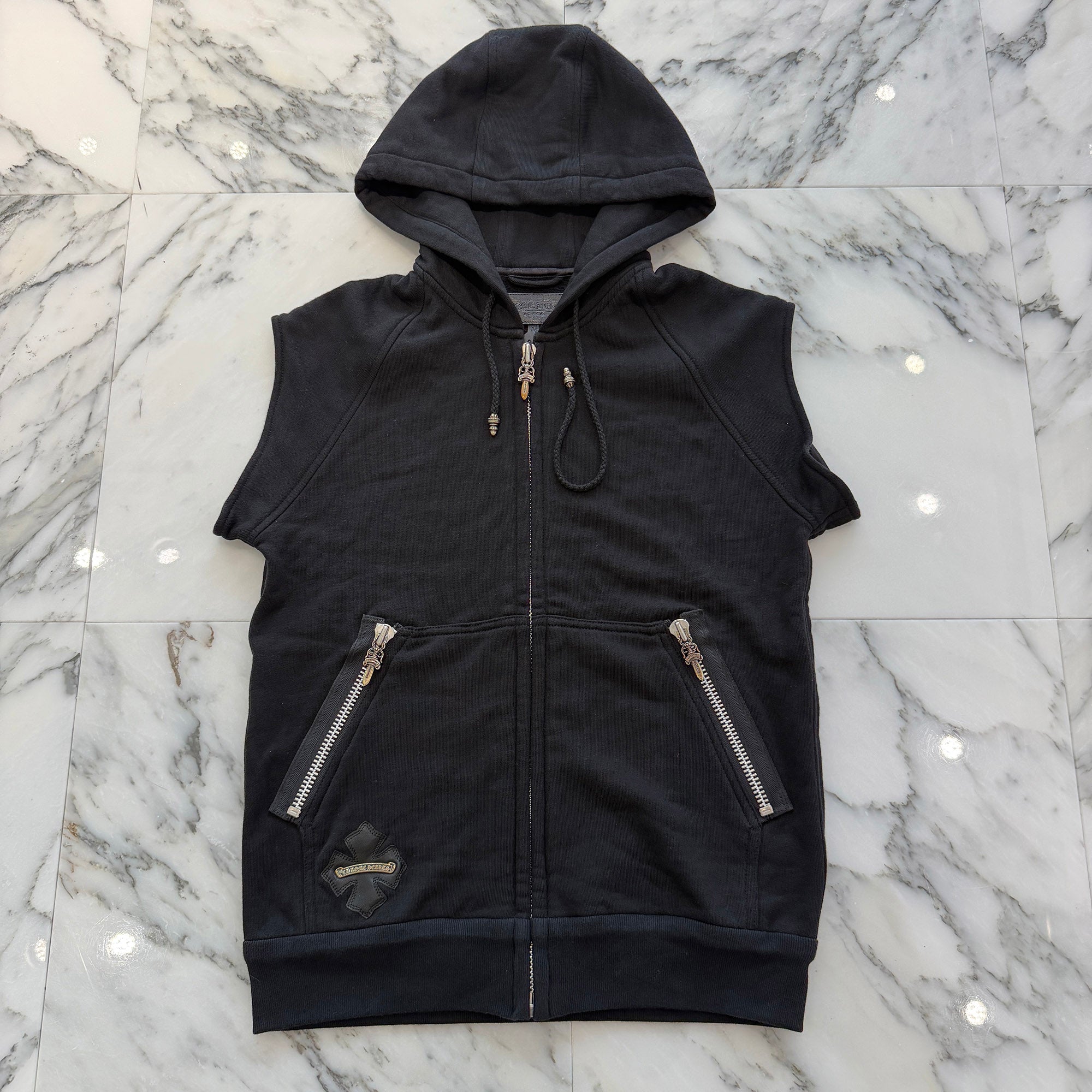 CHROME HEARTS CH Plus Leather Patch Sleeveless Zip Up Hoodie Size M クロムハーツ CHプラス レザーパッチ ノースリーブジップアップフーディー サイズM