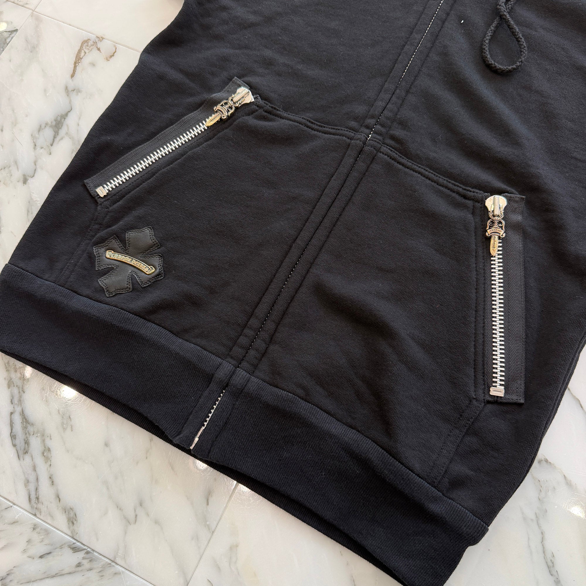 CHROME HEARTS CH Plus Leather Patch Sleeveless Zip Up Hoodie Size M クロムハーツ CHプラス レザーパッチ ノースリーブジップアップフーディー サイズM