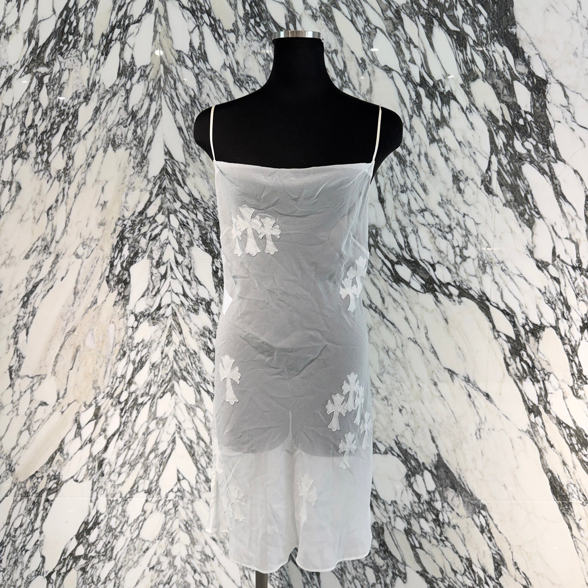 CHROME HEARTS Y NOT Cemetery Cross Back Open Silk Sheer Camisole Dress Size M クロムハーツ ワイノット セメタリークロス バックオープン シルクシアー キャミソールワンピース サイズＭ
