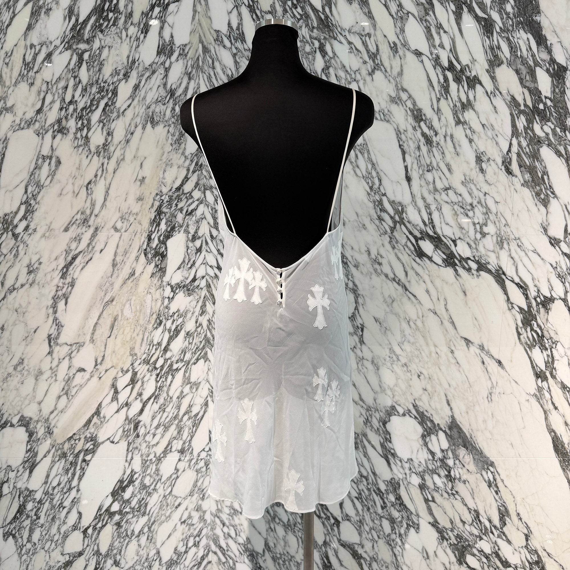 CHROME HEARTS Y NOT Cemetery Cross Back Open Silk Sheer Camisole Dress Size M クロムハーツ ワイノット セメタリークロス バックオープン シルクシアー キャミソールワンピース サイズＭ
