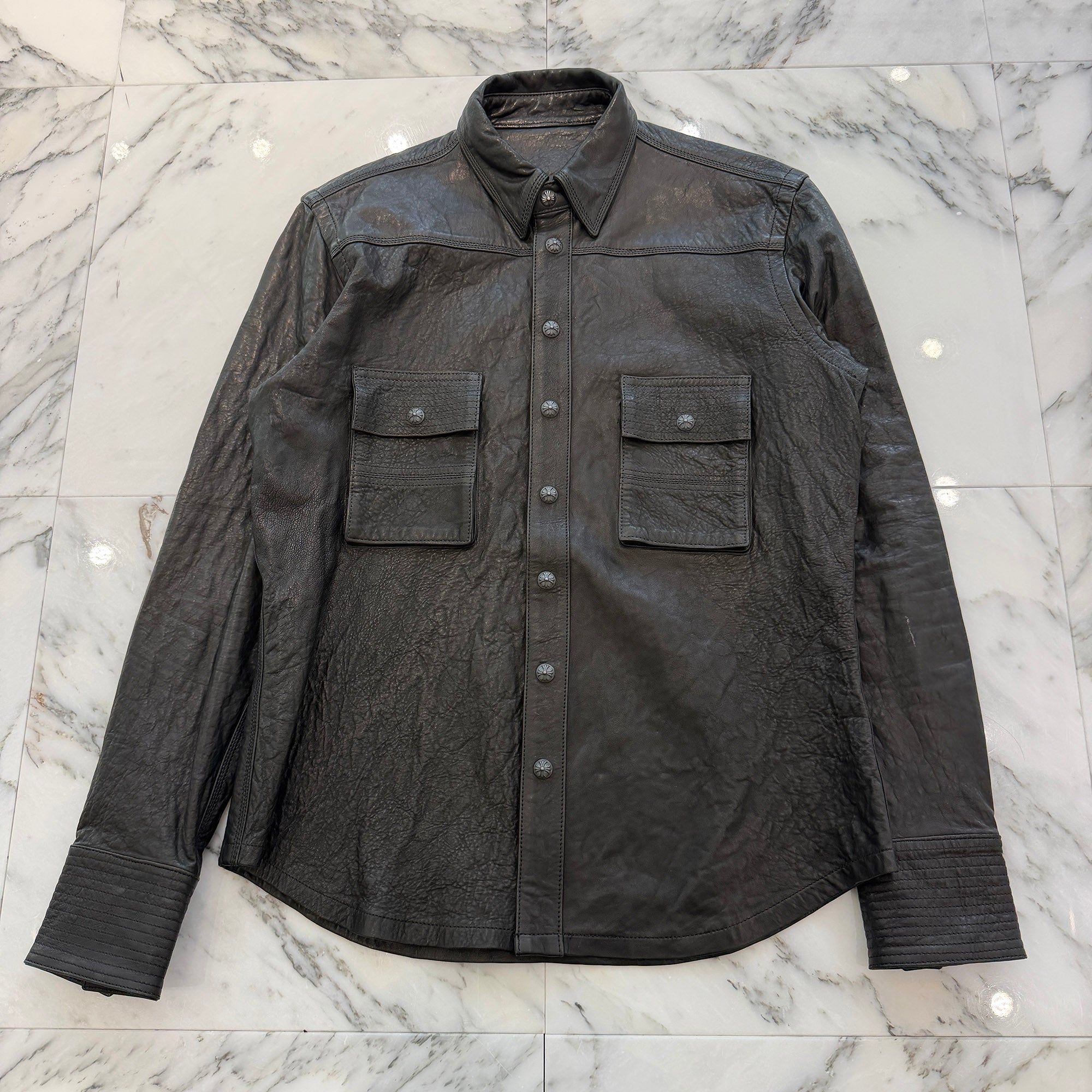 CHROME HEARTS Cross Ball Button Military Leather Shirt Jacket Size S クロムハーツ クロスボールボタン ミリタリーレザーシャツジャケット サイズS