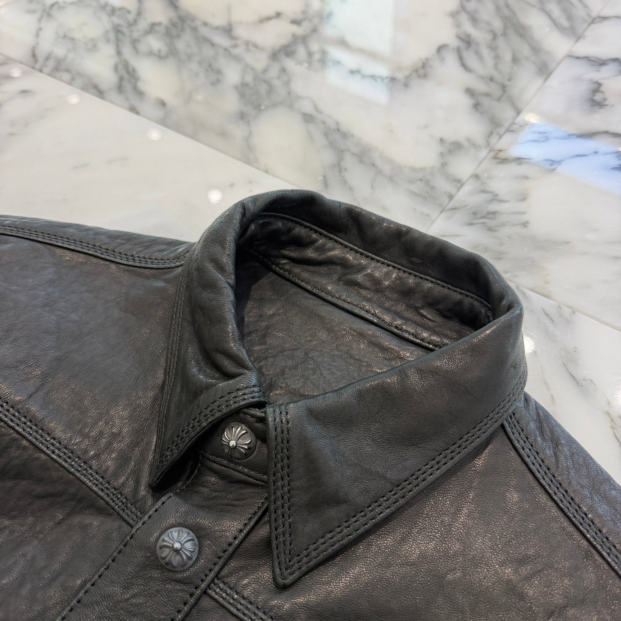 CHROME HEARTS Cross Ball Button Military Leather Shirt Jacket Size S クロムハーツ クロスボールボタン ミリタリーレザーシャツジャケット サイズS