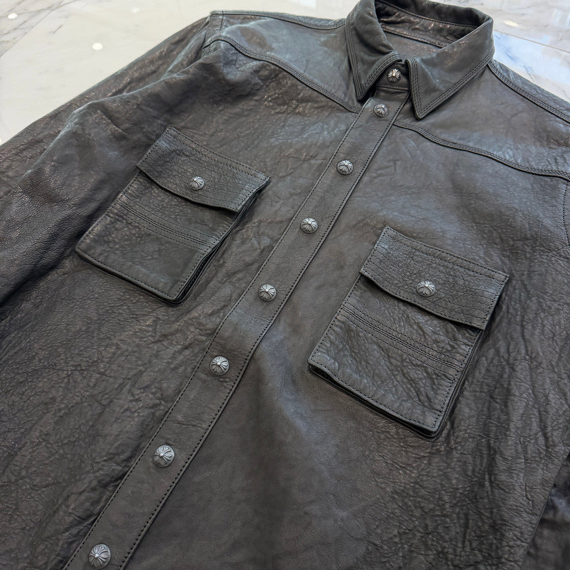 CHROME HEARTS Cross Ball Button Military Leather Shirt Jacket Size S クロムハーツ クロスボールボタン ミリタリーレザーシャツジャケット サイズS